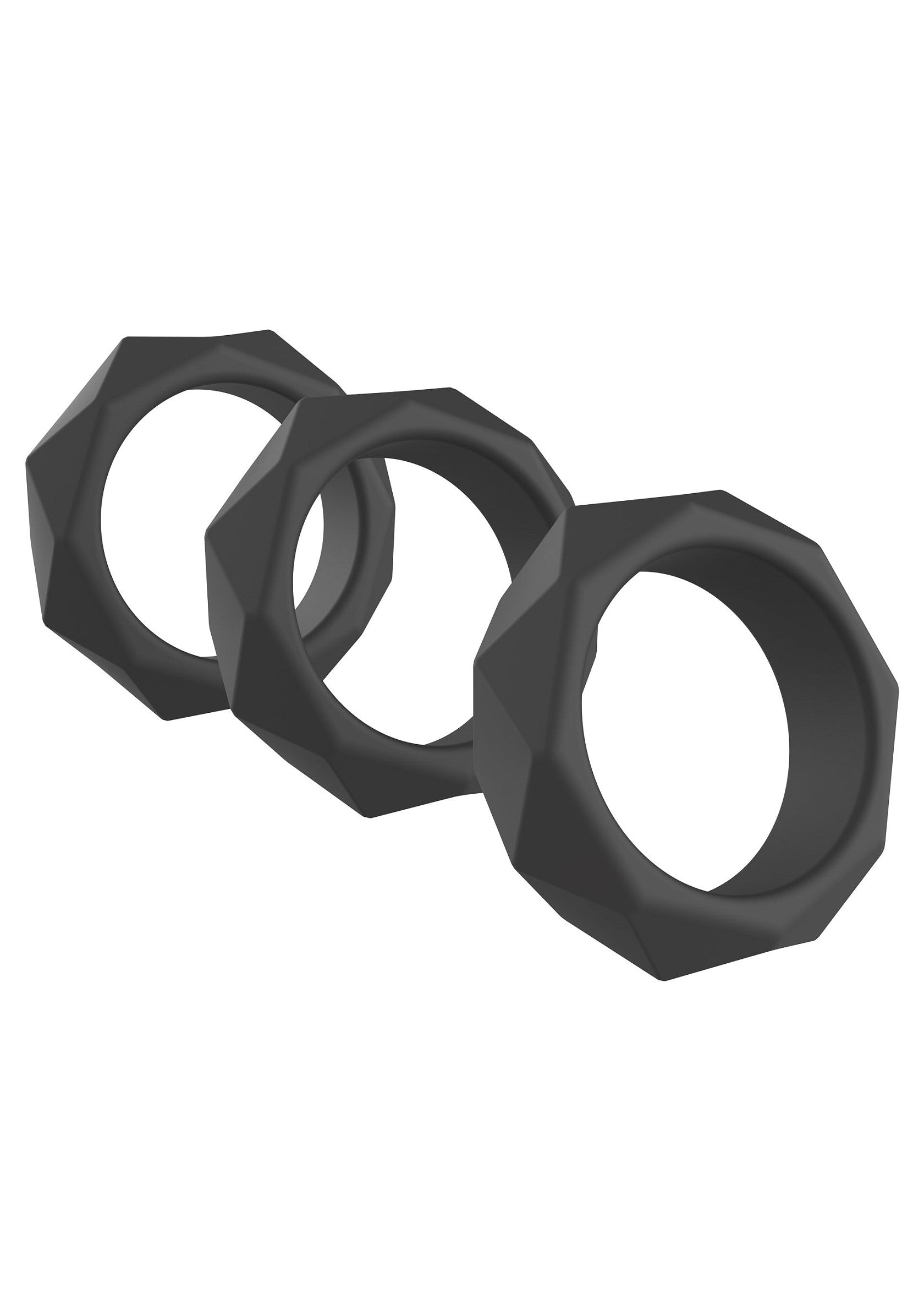 Ensemble de trois bagues géométriques noires modernes.; Set van drie moderne, geometrische zwarte ringen.; Set of three modern, geometric black rings.