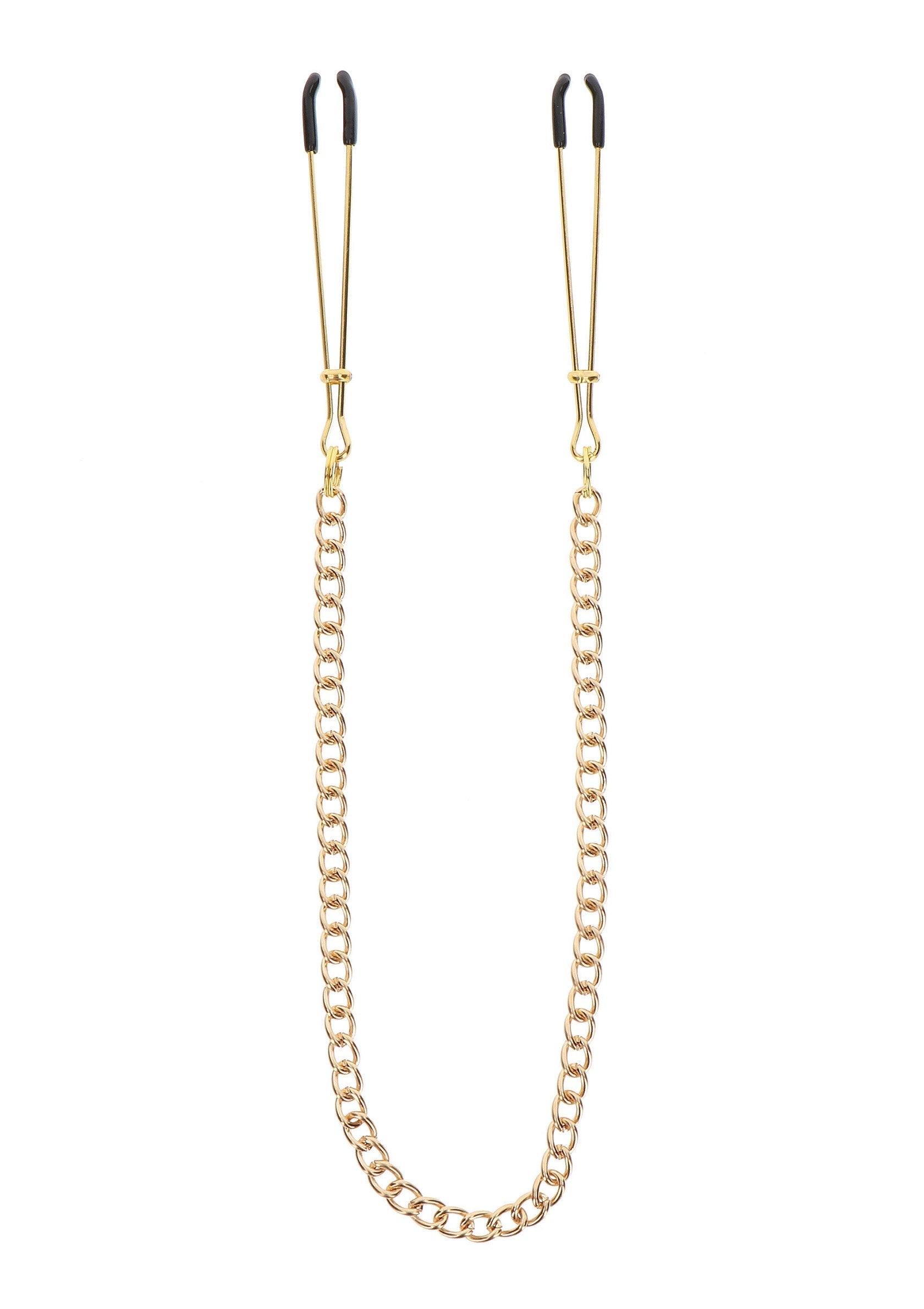 Pinces à tétons dorées avec chaîne. Accessoire coquin pour pimenter votre vie amoureuse.; Gouden tepelklemmen met ketting. Ondeugende accessoire om je liefdesleven mee op te fleuren.; Gold nipple clamps with chain. Naughty accessory to spice up your love life.