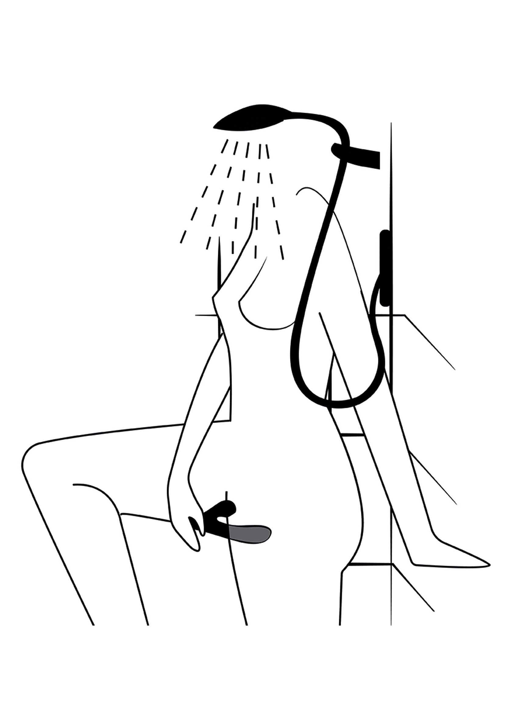 Illustration minimaliste d'une femme sous la douche utilisant un jouet intime. Pour une sensualité décomplexée.; Minimalistische illustratie van een vrouw onder de douche met een intiem speeltje. Voor ongeremde sensualiteit.; Minimalist line art of a woman showering, using an intimate toy. For uninhibited sensuality and self care.