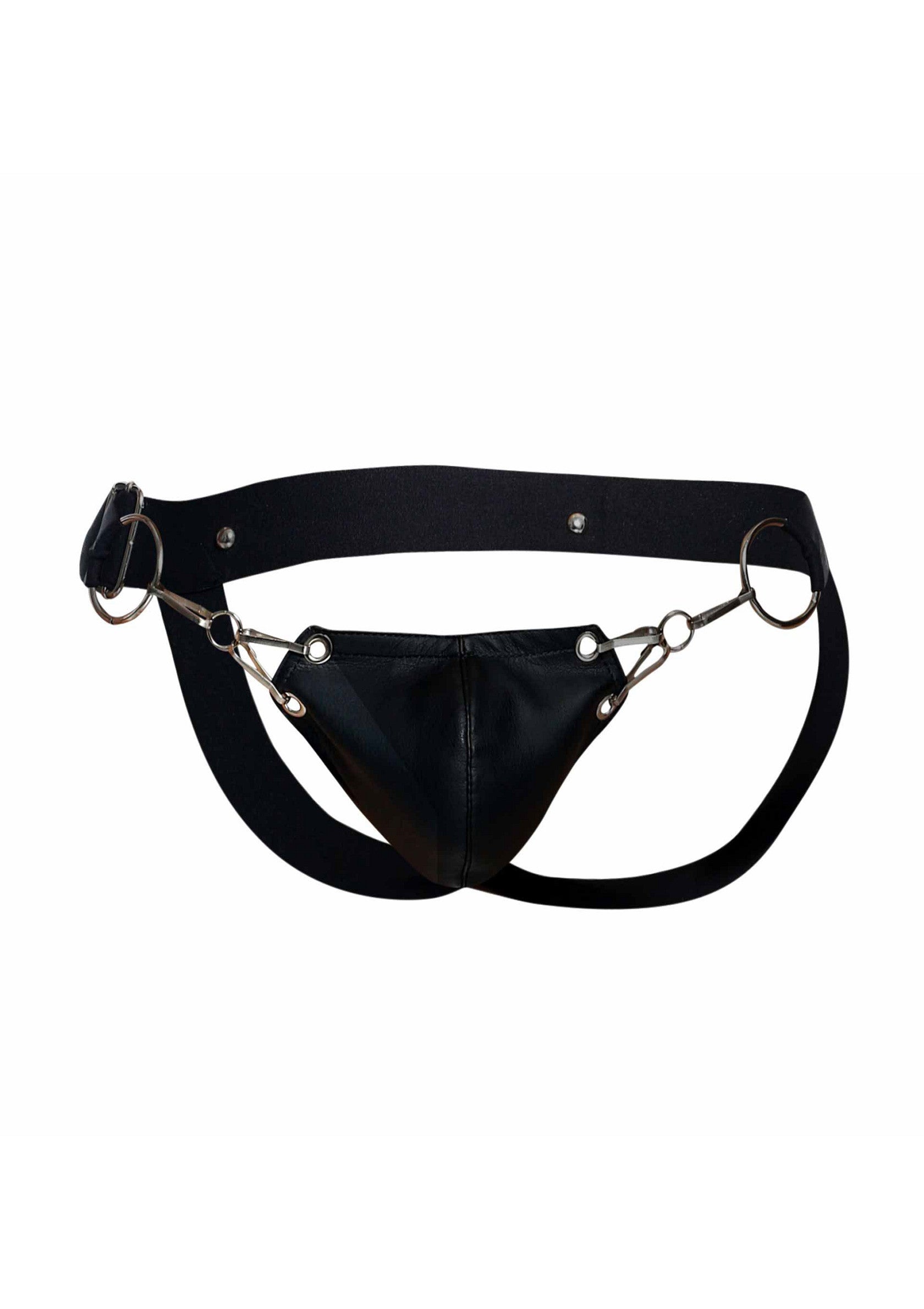 Jockstrap en cuir noir avec détails métalliques.; Zwarte leren jockstrap met metalen details.; Black leather jockstrap with metal hardware.