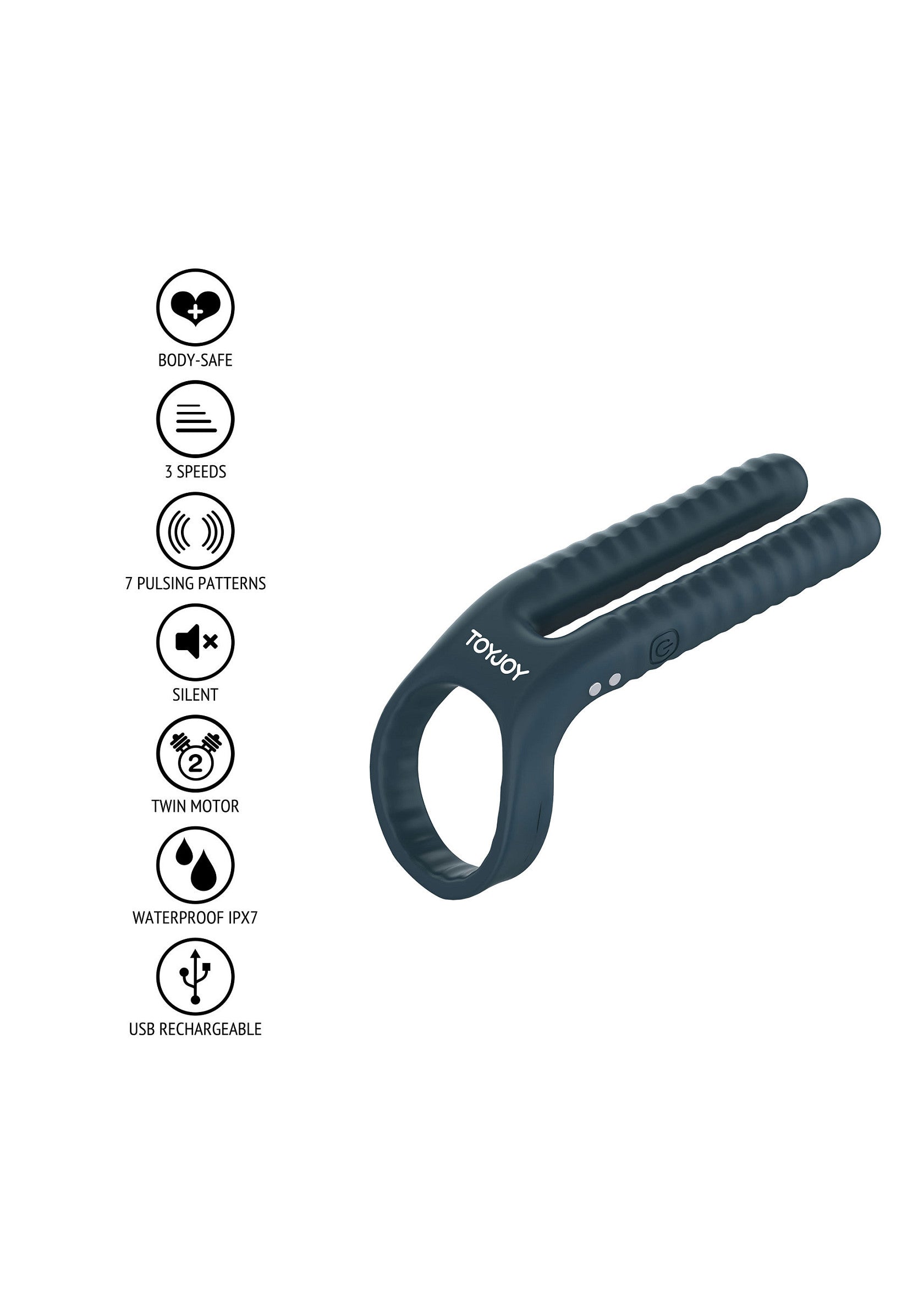 Vibromasseur pénien ToyJoy bleu, étanche IPX7, rechargeable USB, 3 vitesses et 7 modes de vibration.; ToyJoy penis vibrator blauw, IPX7 waterdicht, USB oplaadbaar, 3 snelheden en 7 vibratiemodi.; ToyJoy blue penis vibrator, IPX7 waterproof, USB rechargeable, 3 speeds and 7 vibration modes.