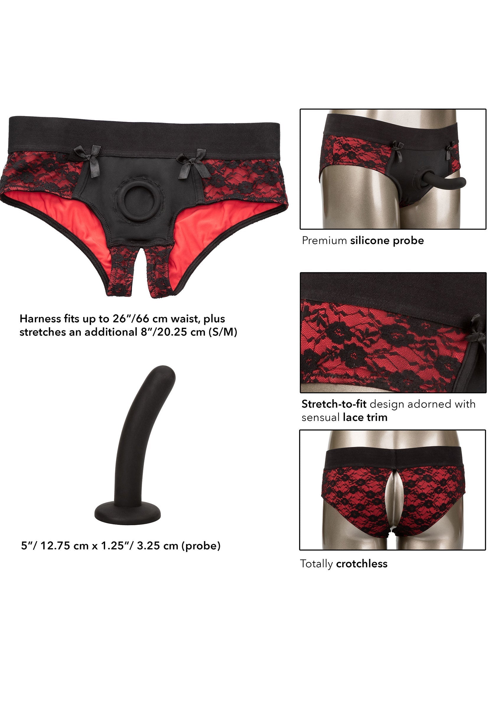 Harnais string en dentelle rouge et noire avec gode. Taille S/M. Sonde en silicone incluse.; Zwarte en rode kanten stringharnas met dildo. Maat S/M. Inclusief siliconen sonde.; Black and red lace harness thong with dildo. Size S/M. Premium silicone probe included.