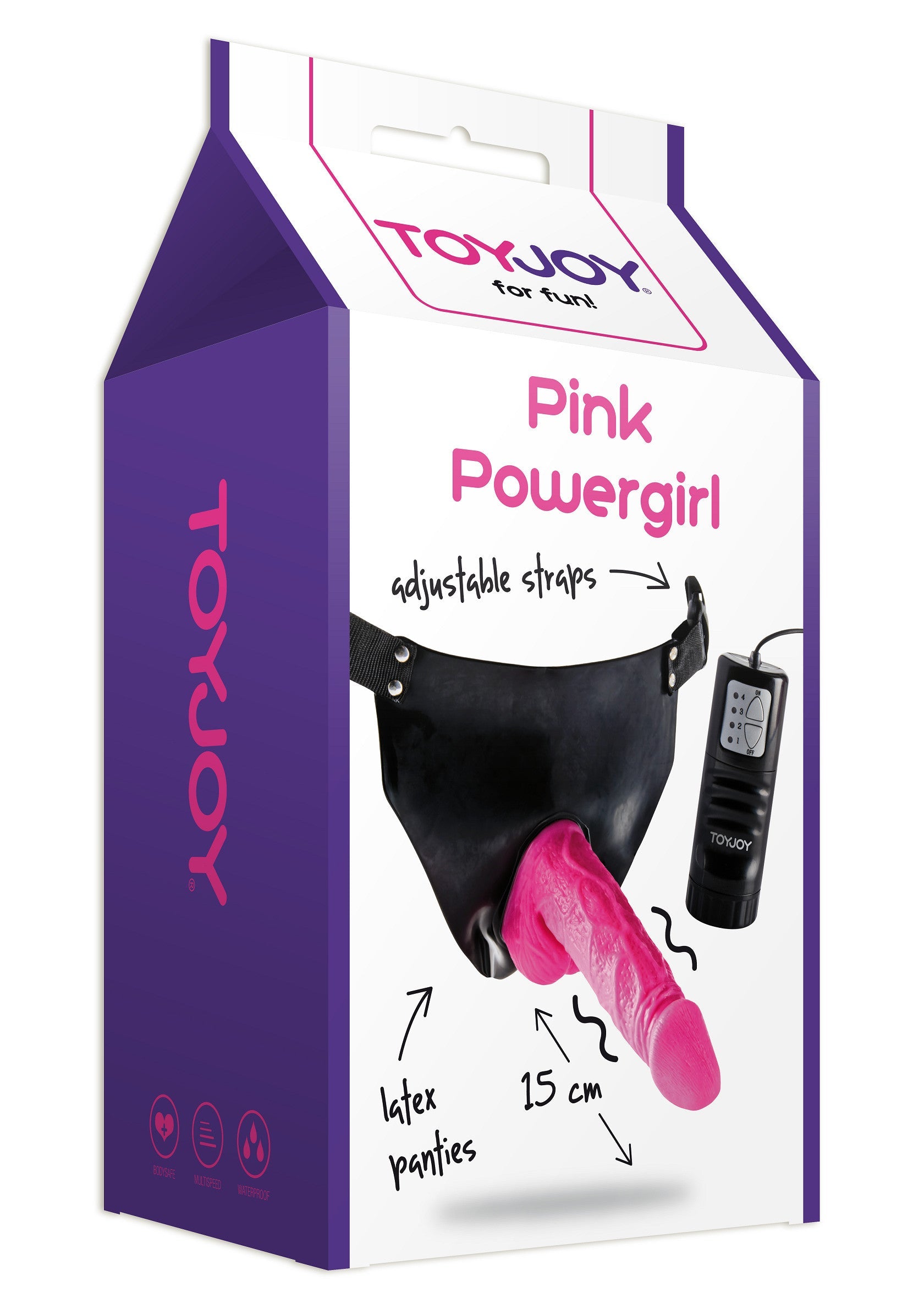 ToyJoy Pink Powergirl : harnais en latex rose réglable avec télécommande pour une expérience amusante.; ToyJoy Pink Powergirl: verstelbaar roze latex harnas met afstandsbediening voor een leuke ervaring.; ToyJoy Pink Powergirl: Adjustable pink latex harness with remote control for a fun experience.