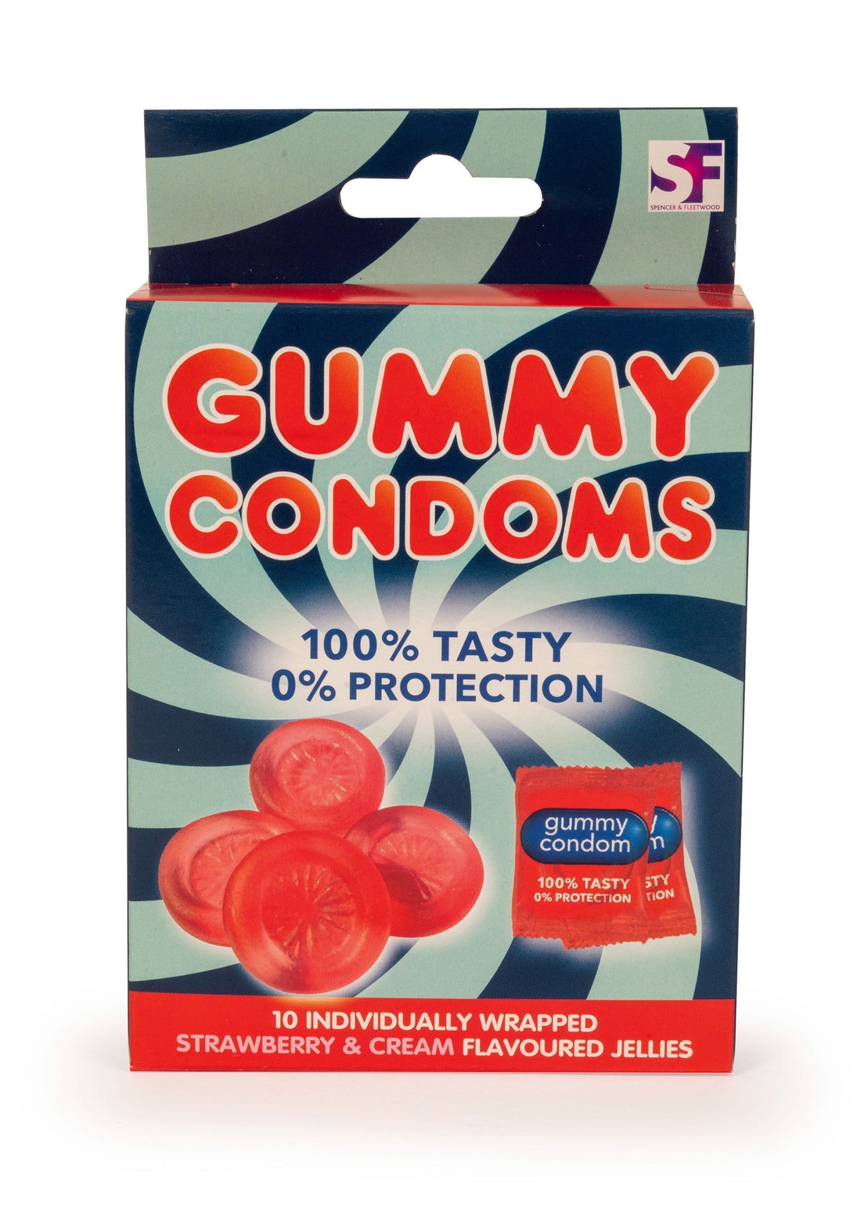 Bonbons gélifiés en forme de préservatifs. Sucrés et amusants, parfaits pour une blague. Goût fraise et crème, 10 pièces emballées.; Gummibeertjes in de vorm van condooms. Lekker en grappig, perfect voor een grap. Aardbei- en room smaak, 10 stuks afzonderlijk verpakt.; Gummy condoms novelty sweets. Funny strawberry and cream flavored jellies. 10 individually wrapped gummy candies. Gag gift idea.