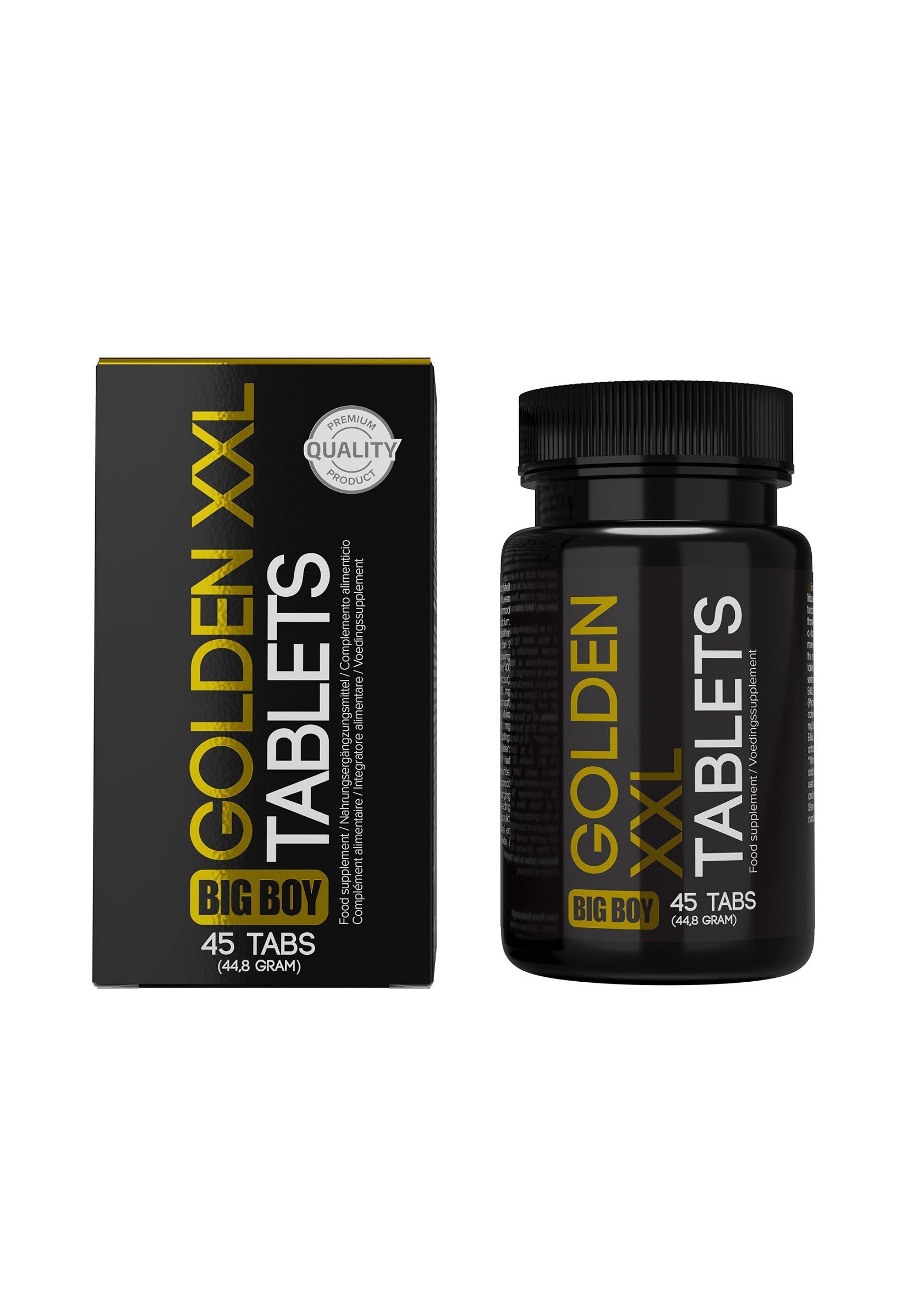 Golden XXL comprimés pour hommes. Boîte et flacon de 45 comprimés.; Golden XXL tabletten voor mannen. Doos en fles met 45 tabletten.; Golden XXL tablets for men. Box and bottle with 45 tablets.