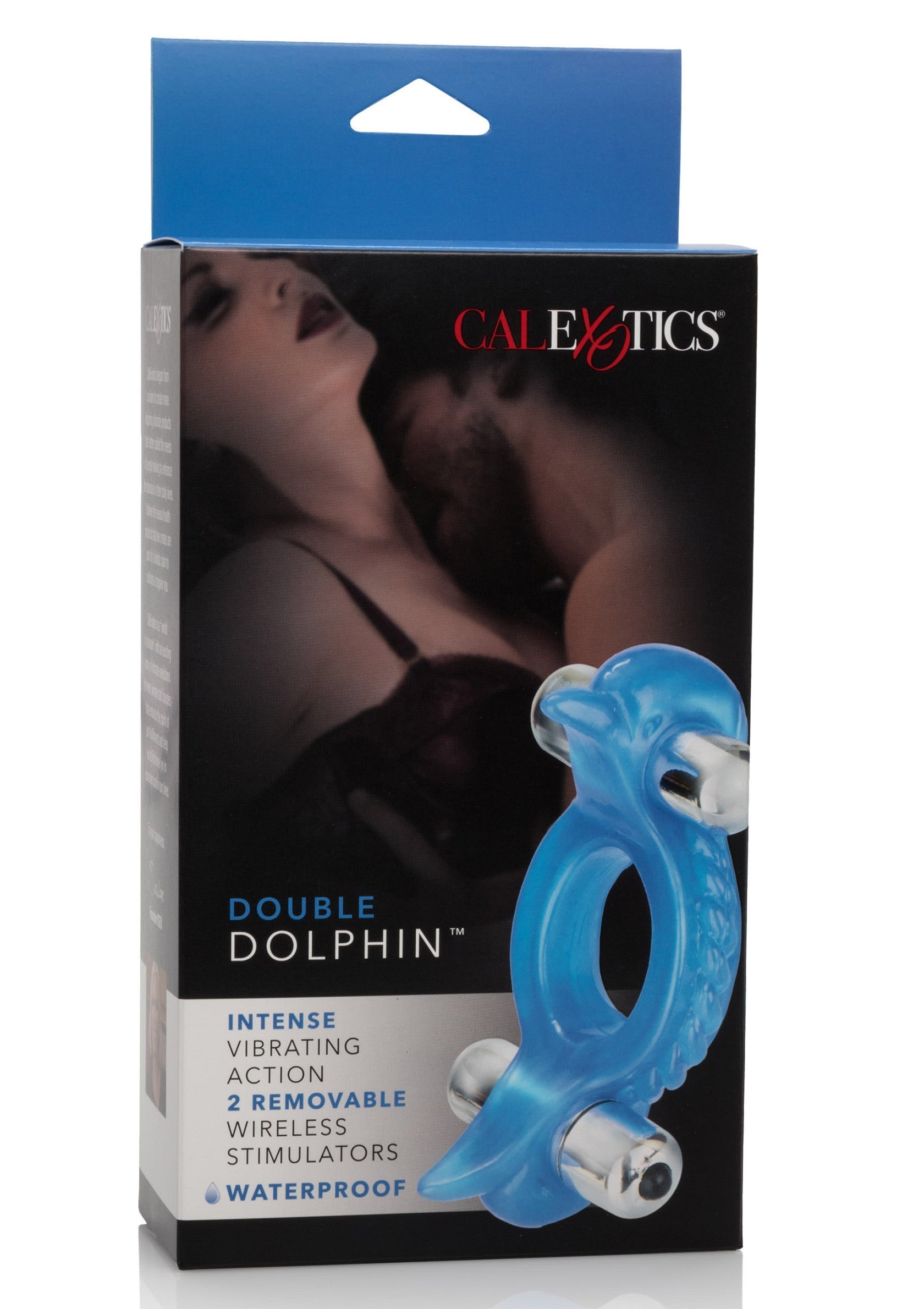 CalExotics Double Dolphin vibrant, pour une expérience intense et amusante. Étanche et avec 2 stimulateurs sans fil amovibles.; CalExotics Double Dolphin vibrator, voor een intense en leuke ervaring. Waterdicht en met 2 afneembare draadloze stimulatoren.; CalExotics Double Dolphin vibrator for an intense, fun experience. Waterproof and with 2 removable wireless stimulators.