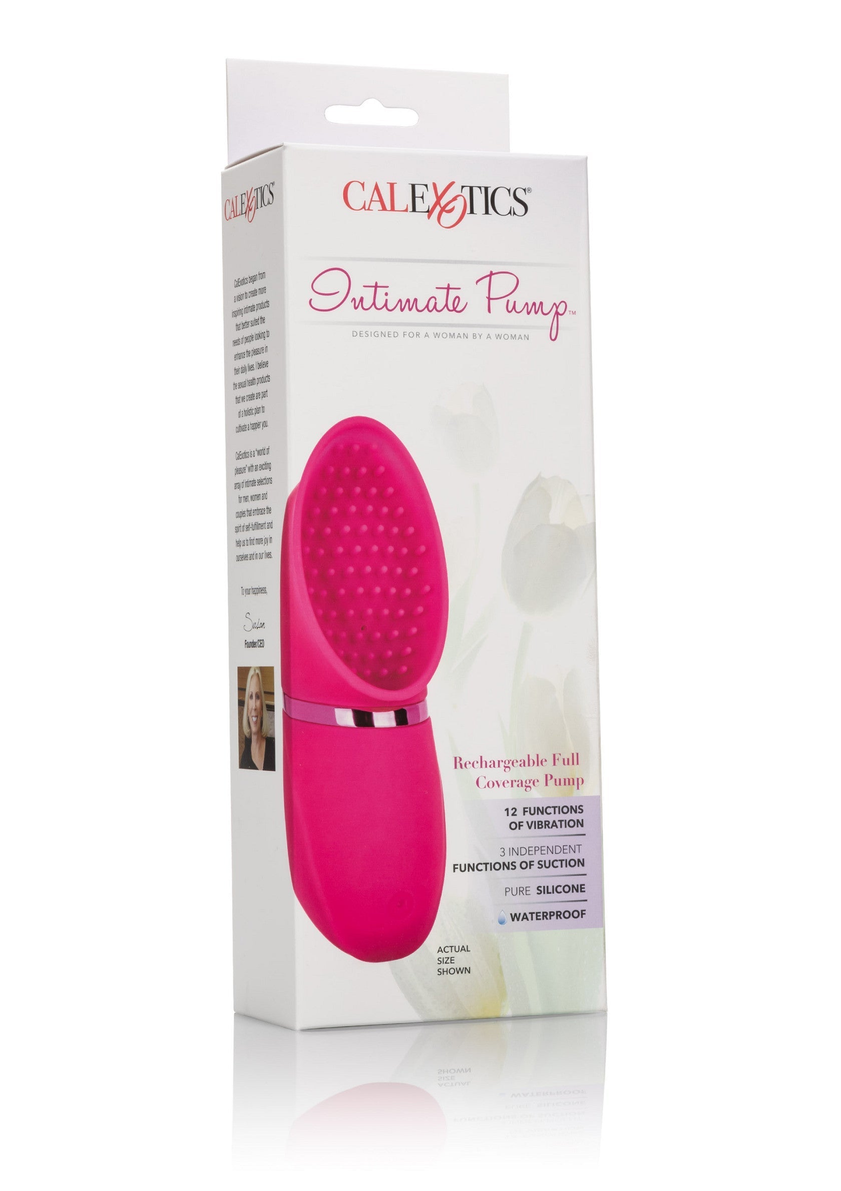 CalExotics Intimate Pump rechargeable, pour une expérience intime intense. 12 fonctions de vibration et étanche.; CalExotics Intimate Pump oplaadbaar, voor een intense intieme ervaring. 12 vibratiefuncties en waterdicht.; CalExotics Intimate Pump rechargeable, for an intense intimate experience. 12 vibration functions and waterproof.