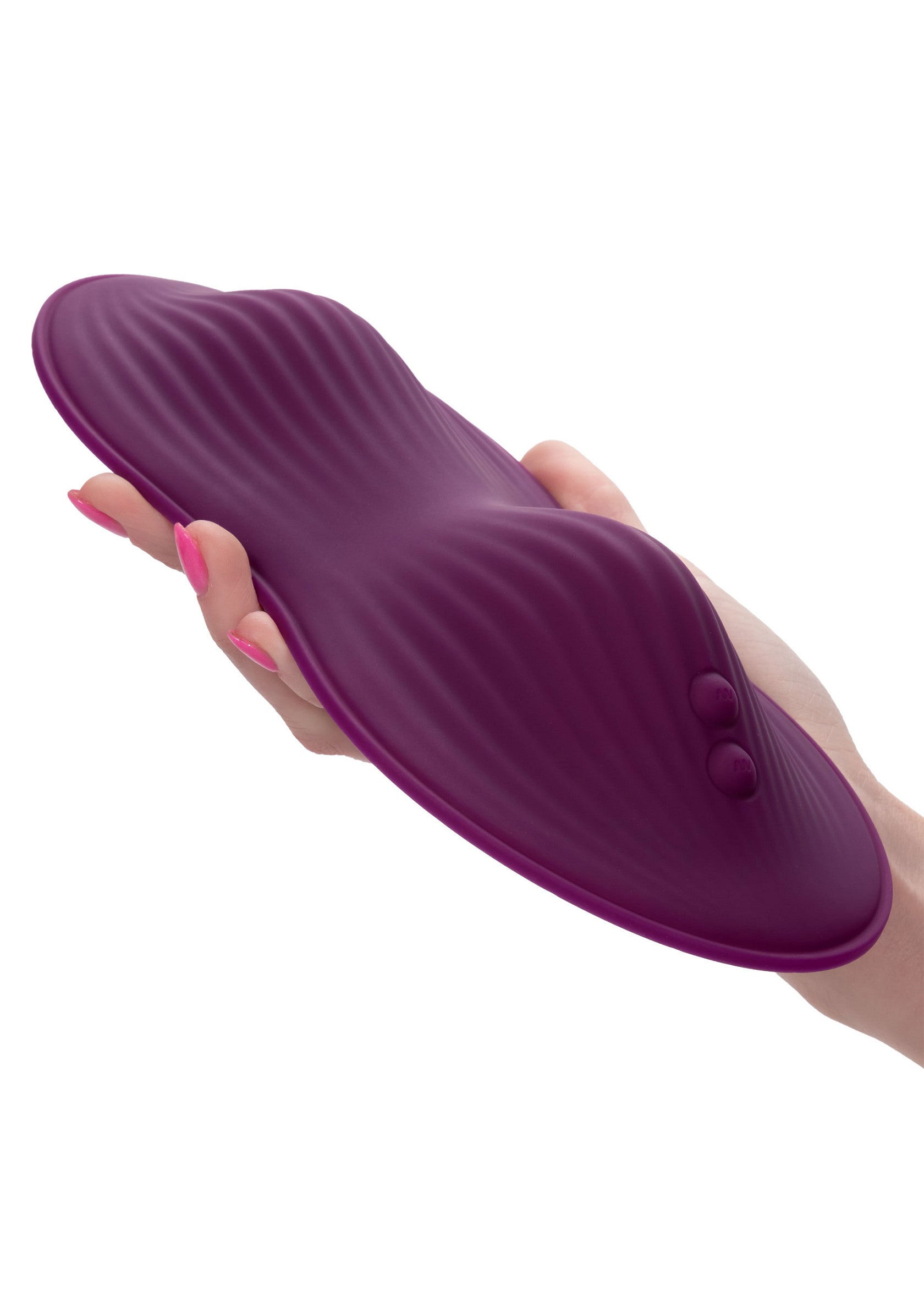 Masseur personnel violet tenu à la main pour le plaisir et la détente.; Paarse handzame persoonlijke stimulator voor genot en ontspanning.; Purple handheld personal massager for pleasure and relaxation.