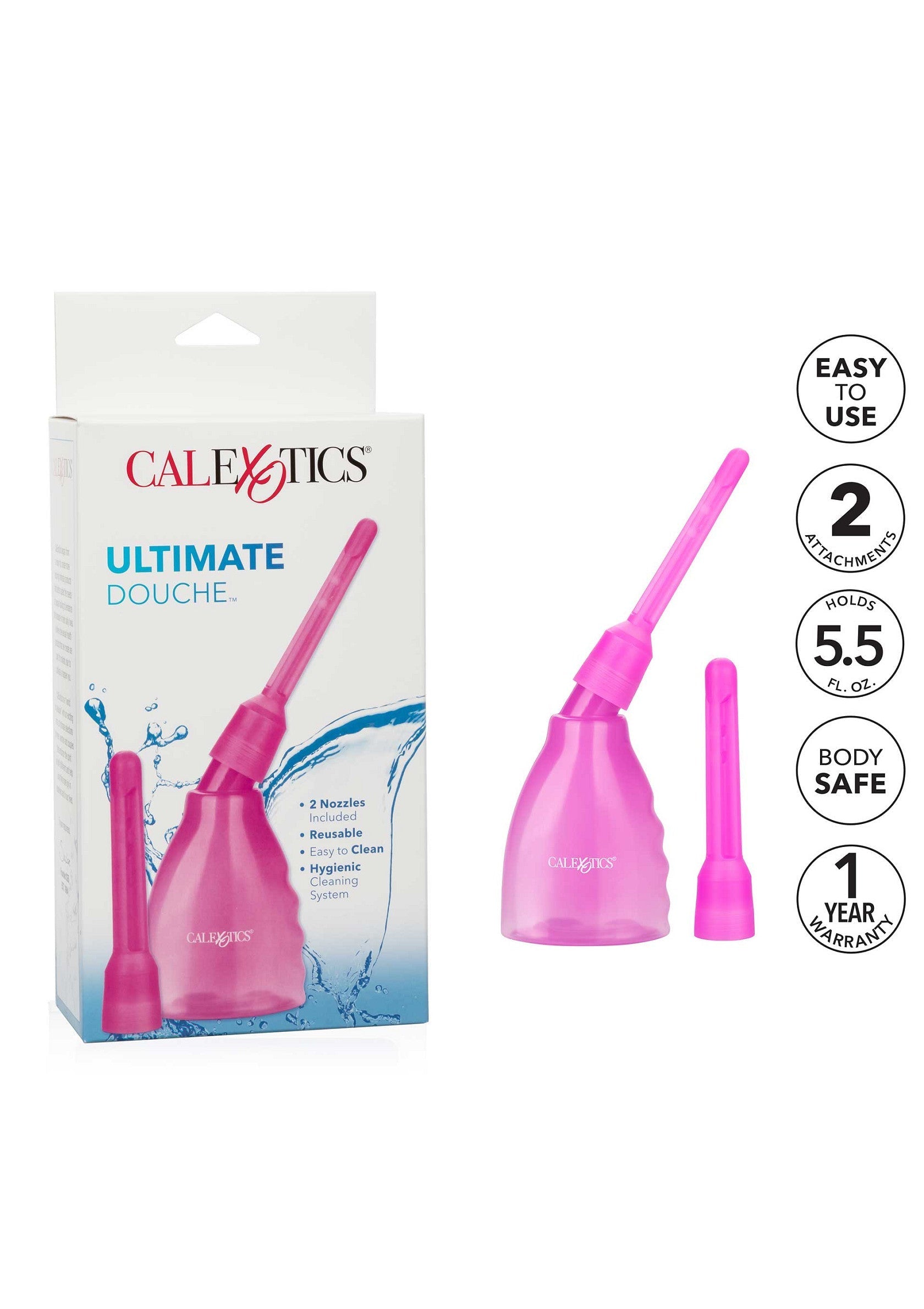 CalExotics Ultimate Douche rose. Douche féminine facile à utiliser, avec 2 embouts et une contenance de 5,5 oz.; CalExotics Ultimate Douche roze. Makkelijk te gebruiken vaginale douche, met 2 opzetstukken en een inhoud van 5,5 oz.; CalExotics Ultimate Douche pink. Easy to use feminine douche, with 2 attachments and holding 5.5 oz.