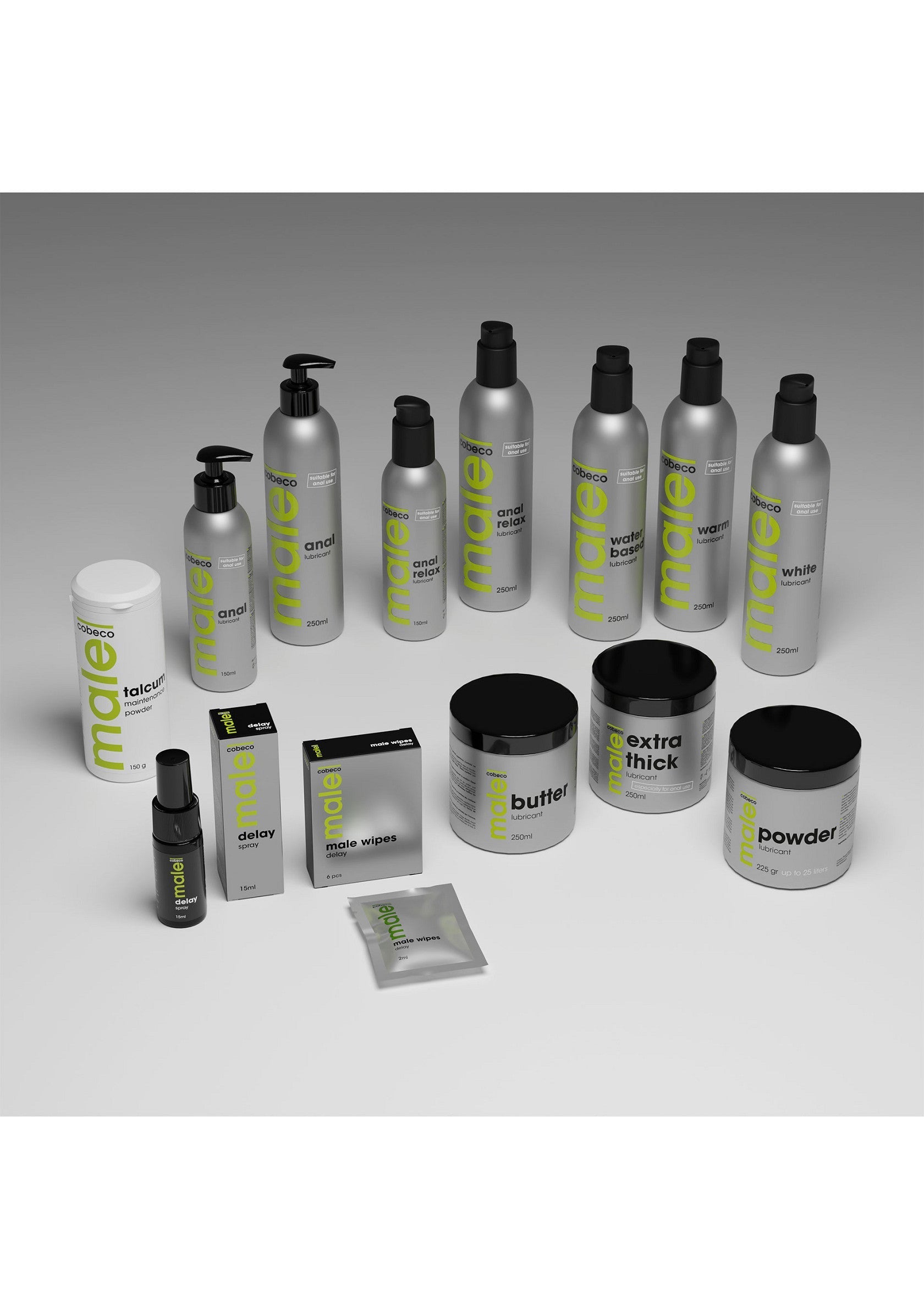 Gamme de produits de soins pour hommes. Crèmes, lotions, poudres et lingettes pour un entretien personnel complet.; Assortiment verzorgingsproducten voor mannen. Crèmes, lotions, poeders en doekjes voor een complete persoonlijke verzorging.; Men's grooming product assortment. Creams, lotions, powders, and wipes for complete personal care.