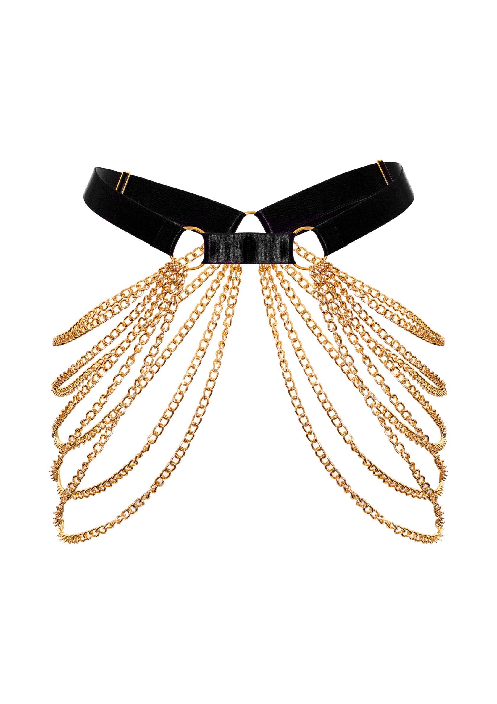 Harnais de corps noir avec des chaînes dorées, accessoire de mode audacieux et élégant.; Zwart body harnas met gouden kettingen, een gedurfde en elegante modeaccessoire.; Black body harness with gold chains, a bold and elegant fashion accessory.