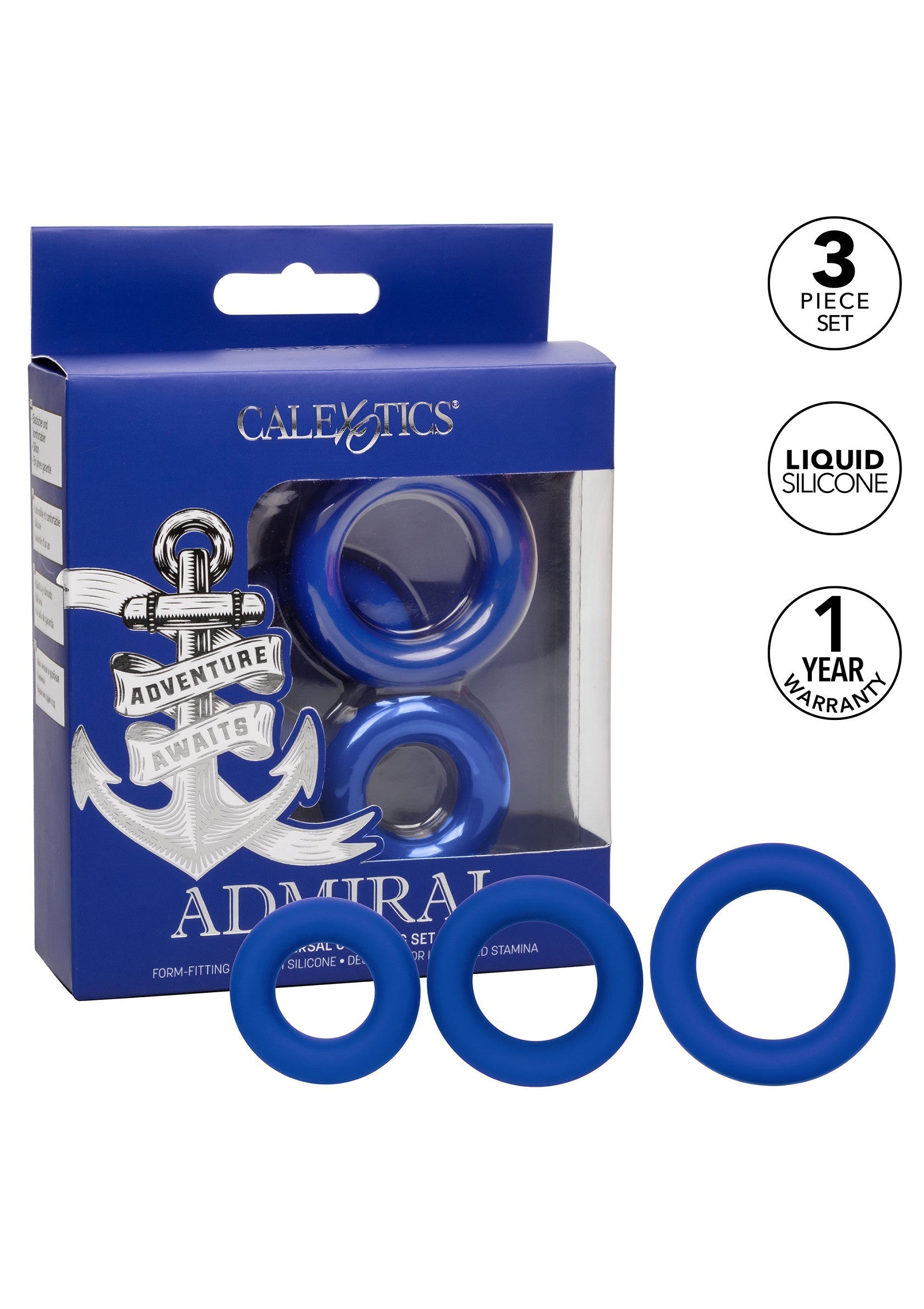 Ensemble de 3 anneaux péniens Calexotics Admiral. Silicone liquide, pour un ajustement sûr et plus de plaisir.; Calexotics Admiral penisringenset van 3. Vloeibare siliconen, voor een stevige pasvorm en meer plezier.; Calexotics Admiral 3-piece cock ring set. Liquid silicone, for a snug fit and more pleasure.