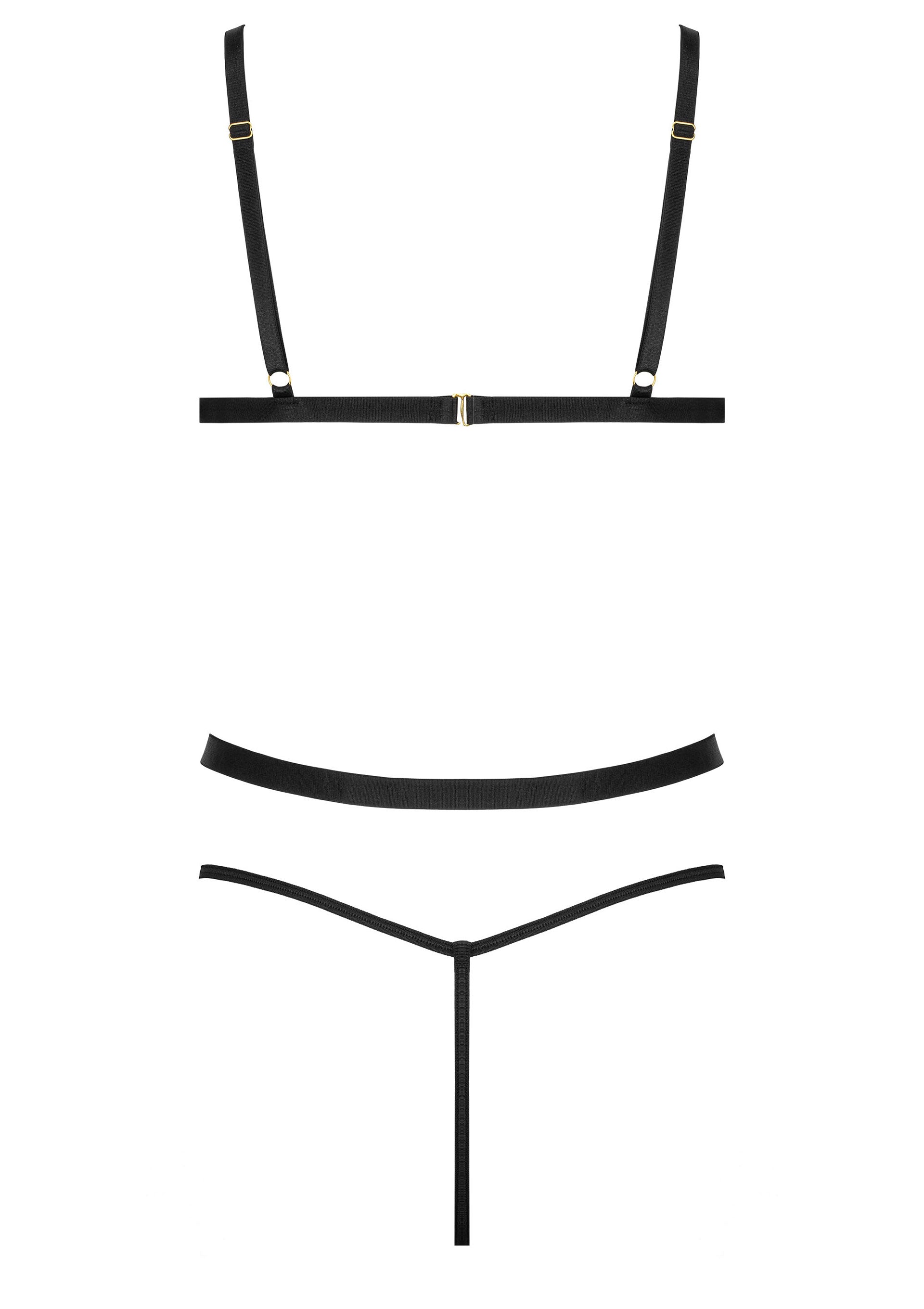 Ensemble de lingerie noir minimaliste avec des bretelles fines et un design épuré.; Minimalistische zwarte lingerie set met dunne bandjes en een strak design.; Minimalist black lingerie set with thin straps and a clean design.