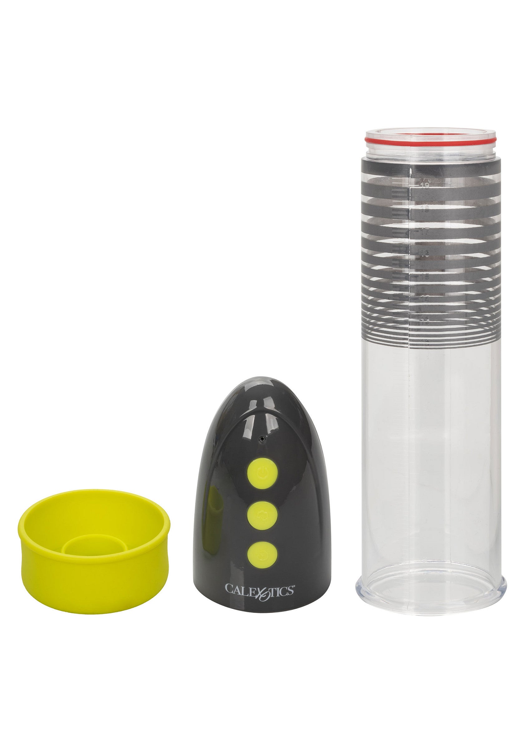 Pompe à pénis CalExotics, cylindre transparent, poignée grise avec boutons jaunes et manchon vert. Améliorez votre plaisir.; CalExotics penis pomp, transparante cilinder, grijze handgreep met gele knoppen en groene huls. Verbeter je plezier.; CalExotics penis pump, clear cylinder, grey handle with yellow buttons, and green sleeve. Enhance your pleasure.