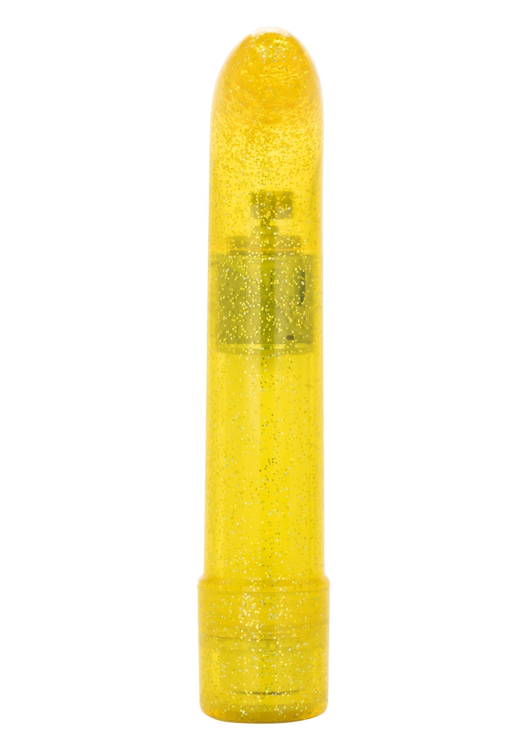 Vibromasseur jaune scintillant pour des moments de plaisir éclatants.; Glitters gele vibrator voor sprankelende genotsmomenten.; Sparkly yellow vibrator for shimmering moments of pleasure.