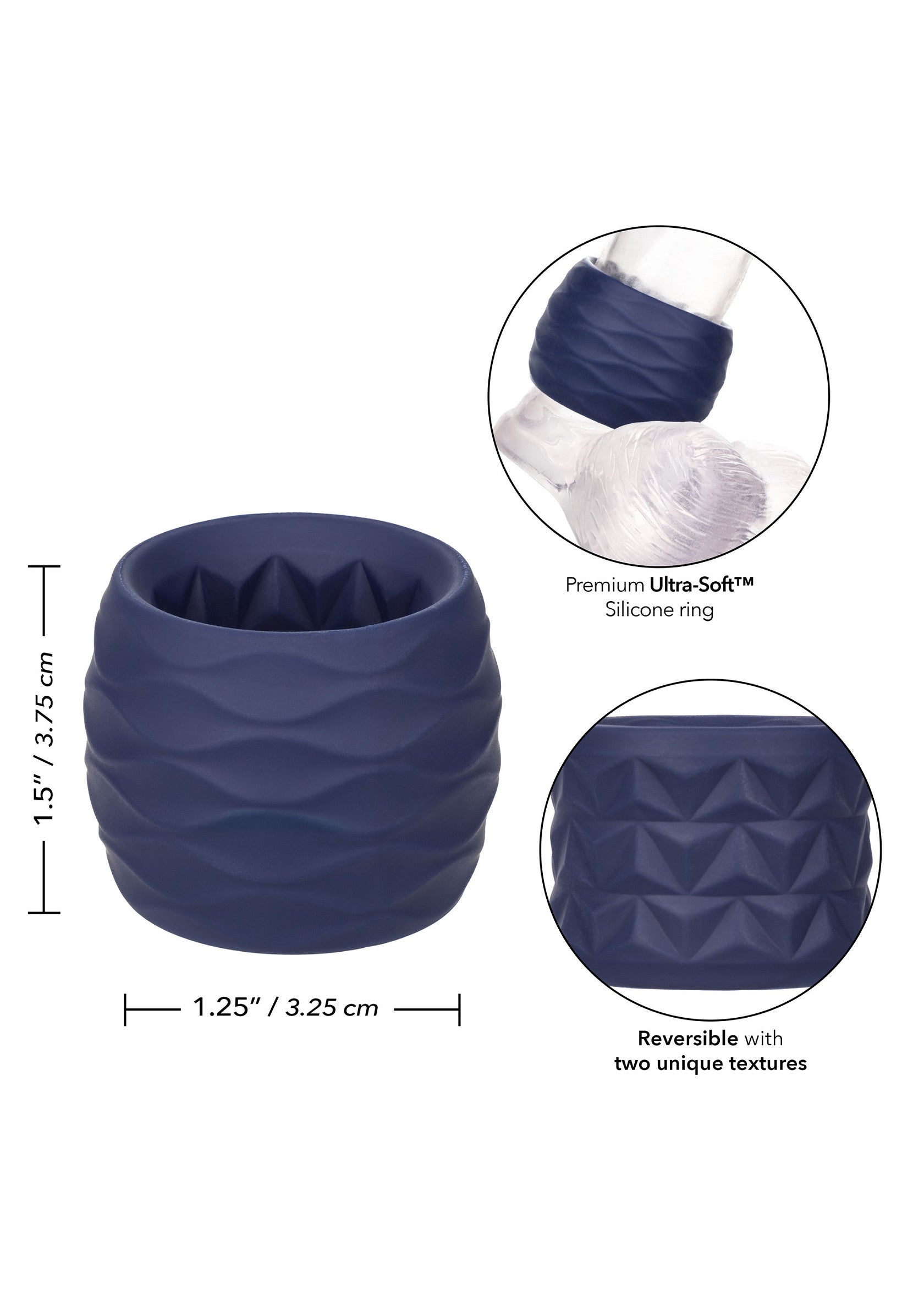Anneau pénien réversible texturé en silicone ultra-doux. Optimise le plaisir!; Omkeerbare penisring van ultra-zachte siliconen met 2 texturen. Optimaliseert plezier!; Reversible ultra-soft silicone cock ring with 2 textures. Optimizes pleasure!