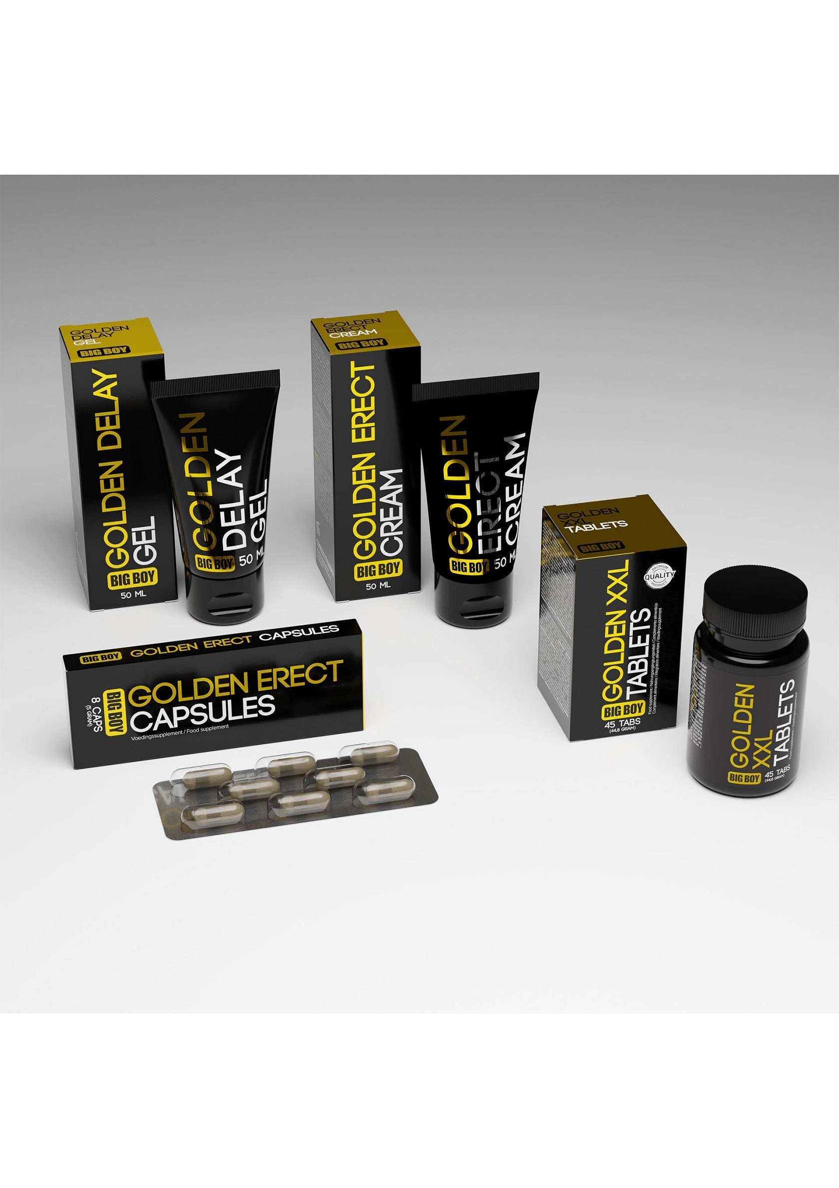 Ensemble de produits Golden Erect pour hommes : crème, gel, capsules et comprimés.; Golden Erect productset voor mannen: crème, gel, capsules en tabletten.; Golden Erect product set for men: cream, gel, capsules, and tablets.