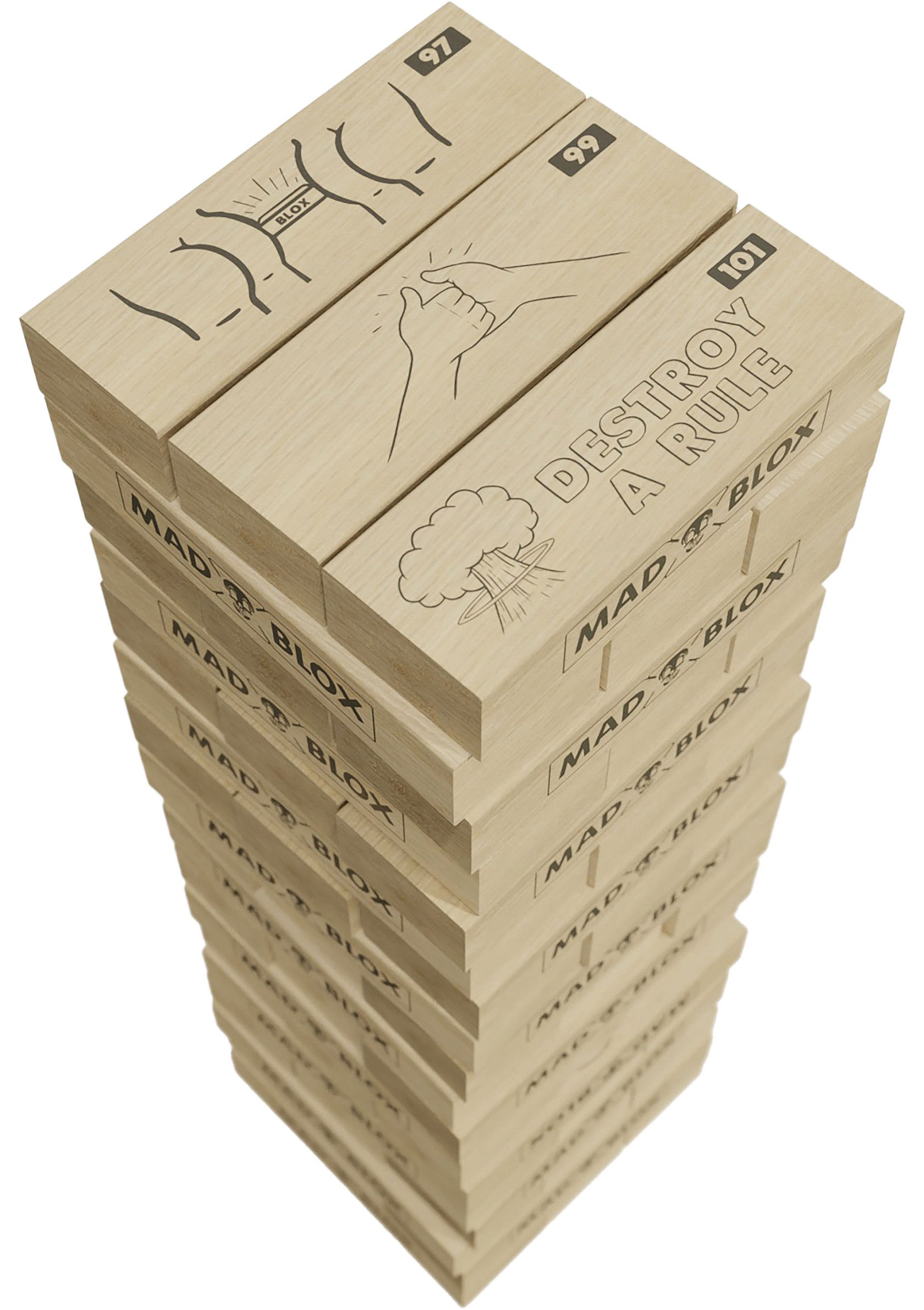 Mad Blox jeu de blocs en bois. Empilez les blocs avec des illustrations et des numéros, puis retirez-les un par un sans faire tomber la tour !; Mad Blox houten blokkenspel. Stapel de blokken met illustraties en nummers op elkaar, en verwijder ze één voor één zonder de toren te laten omvallen!; Mad Blox wooden block game. Stack blocks with illustrations and numbers, then remove one by one without toppling the tower!