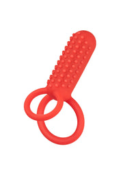 Améliorez le plaisir avec cet anneau vibrant texturé rouge.; Verbeter het plezier met deze rode, getextureerde vibrerende ring.; Enhance pleasure with this red, textured vibrating cock ring.