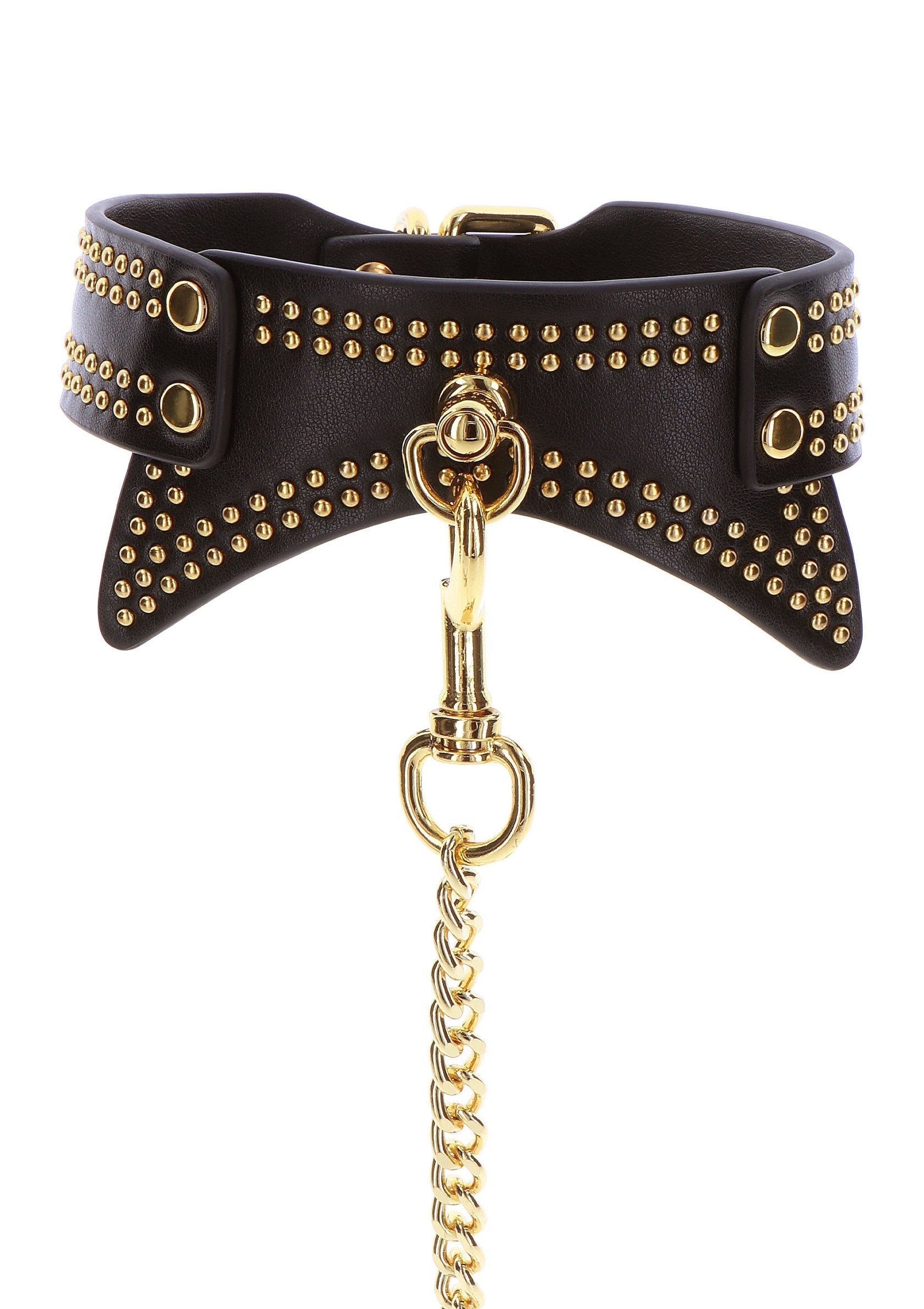 Collier noir clouté avec chaîne dorée. Accessoire de mode audacieux et élégant.; Zwarte halsband met gouden studs en ketting. Een gedurfd en stijlvol modeaccessoire.; Black studded choker with gold chain. A bold and stylish fashion accessory.