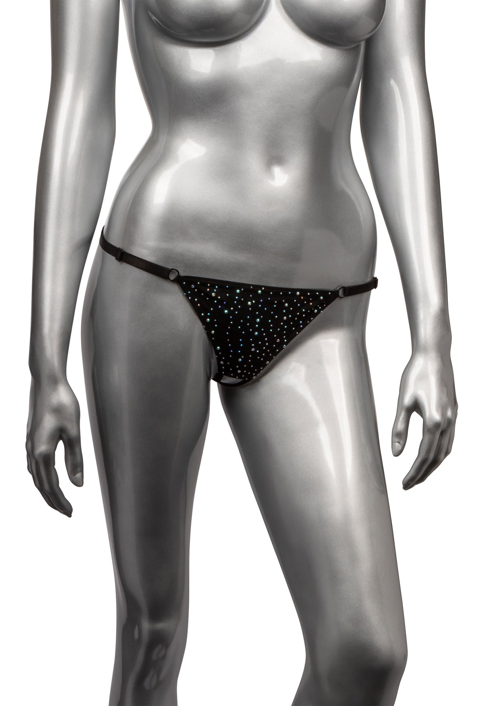 String noir à paillettes sur mannequin argenté. Lingerie fine et élégante.; Zwarte string met glitterdetails op zilveren mannequin. Elegante, verfijnde lingerie.; Black glitter thong on a silver mannequin. Elegant and refined lingerie.