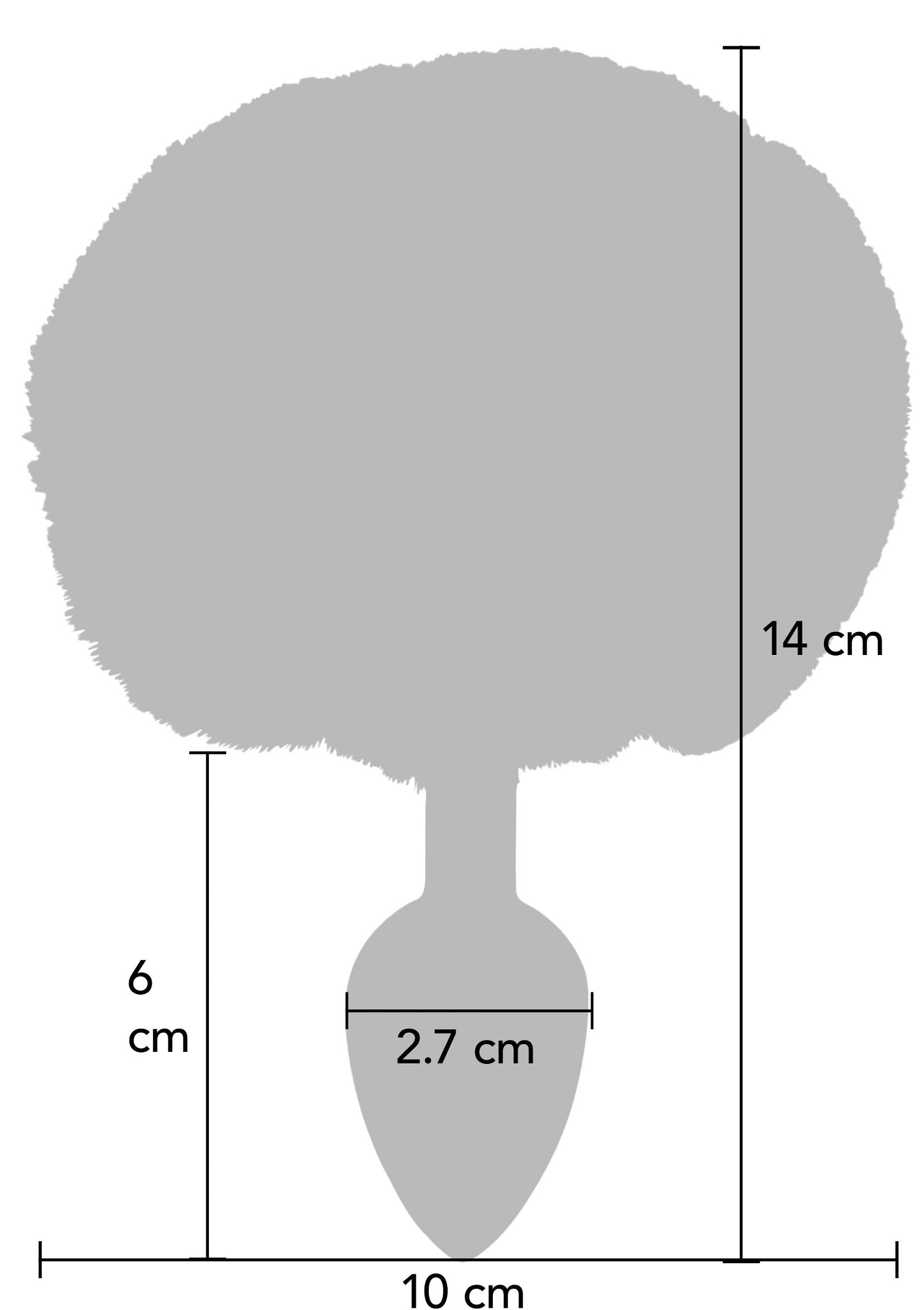 Schéma d'un plug anal avec queue en fourrure, dimensions indiquées. Pour comparer les tailles avant l'achat.; Schema van een anale plug met pluimstaart, afmetingen aangegeven. Om de maten te vergelijken voor aankoop.; Diagram of an anal plug with a fur tail, dimensions indicated. Compare sizes before purchase.