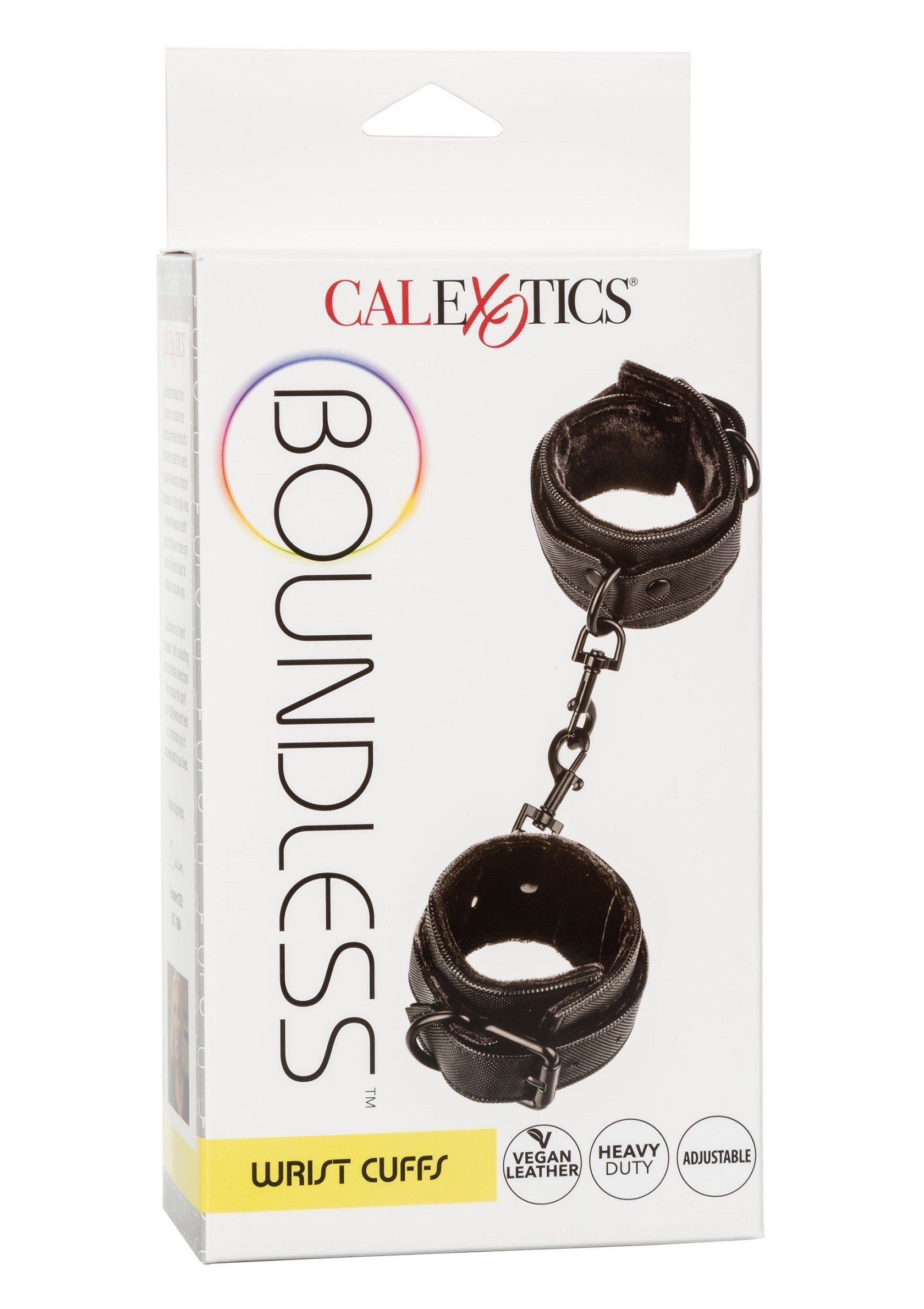Menottes en cuir vegan réglables Calexotics Boundless. Accessoires BDSM pour adultes.; Calexotics Boundless verstelbare vegan lederen handboeien. BDSM-accessoires voor volwassenen.; Calexotics Boundless adjustable vegan leather wrist cuffs. BDSM accessories for adults.