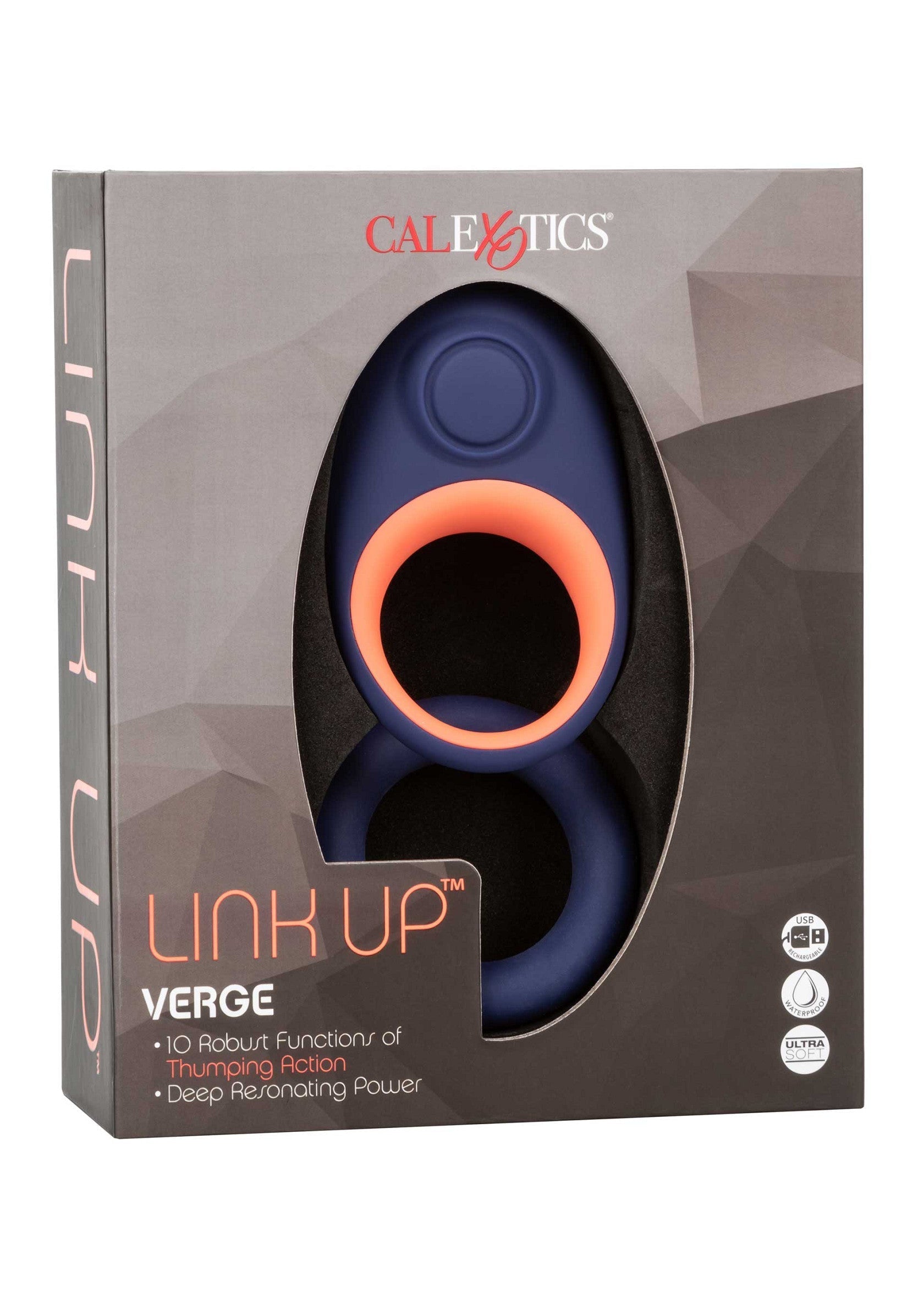 CalExotics Link Up Verge : anneau vibrant pour homme avec 10 fonctions robustes pour une expérience intense.; CalExotics Link Up Verge: vibrerende penisring met 10 functies voor een intense ervaring.; CalExotics Link Up Verge: vibrating cock ring with 10 robust functions for an intense experience.