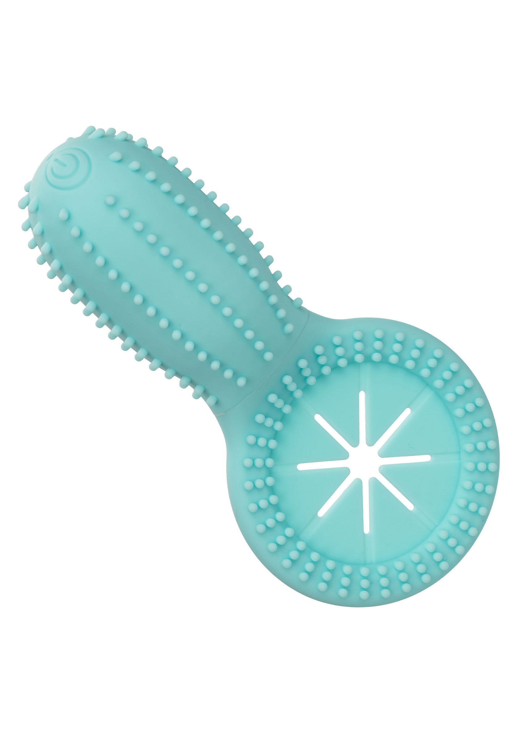 Jouet de dentition bleu turquoise pour bébé avec picots texturés et anneau à découpes.; Turquoise baby bijtring met textuur nopjes en ring met uitsparingen.; Teal baby teether toy with textured nubs and cut-out ring.