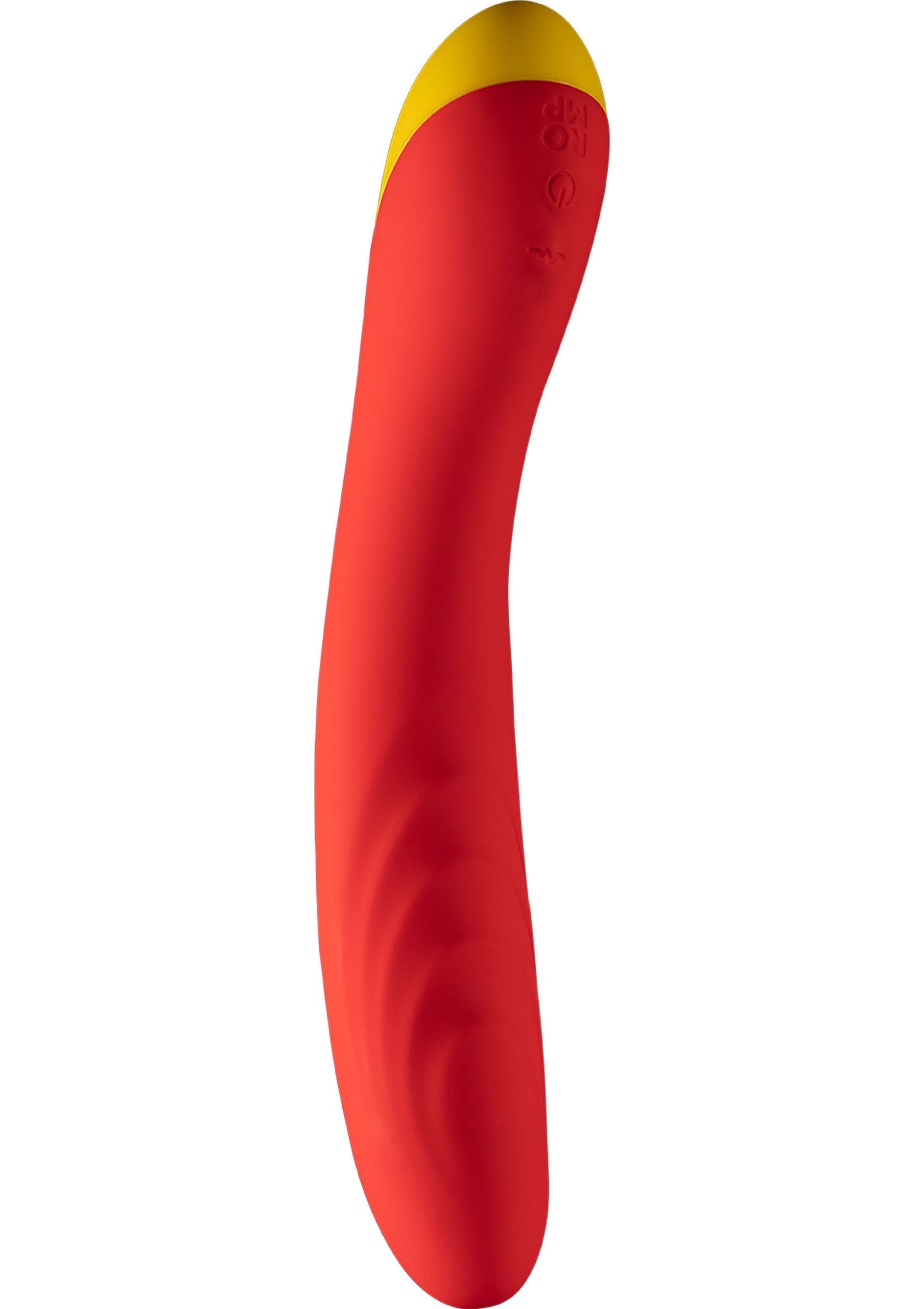 Vibromasseur incurvé rouge et jaune pour un plaisir intense et ciblé. Explorez de nouvelles sensations avec cet accessoire intime.; Rode en gele gebogen vibrator voor intens en gericht genot. Ontdek nieuwe sensaties met dit intieme accessoire.; Red and yellow curved vibrator for intense and targeted pleasure. Explore new sensations with this intimate accessory.