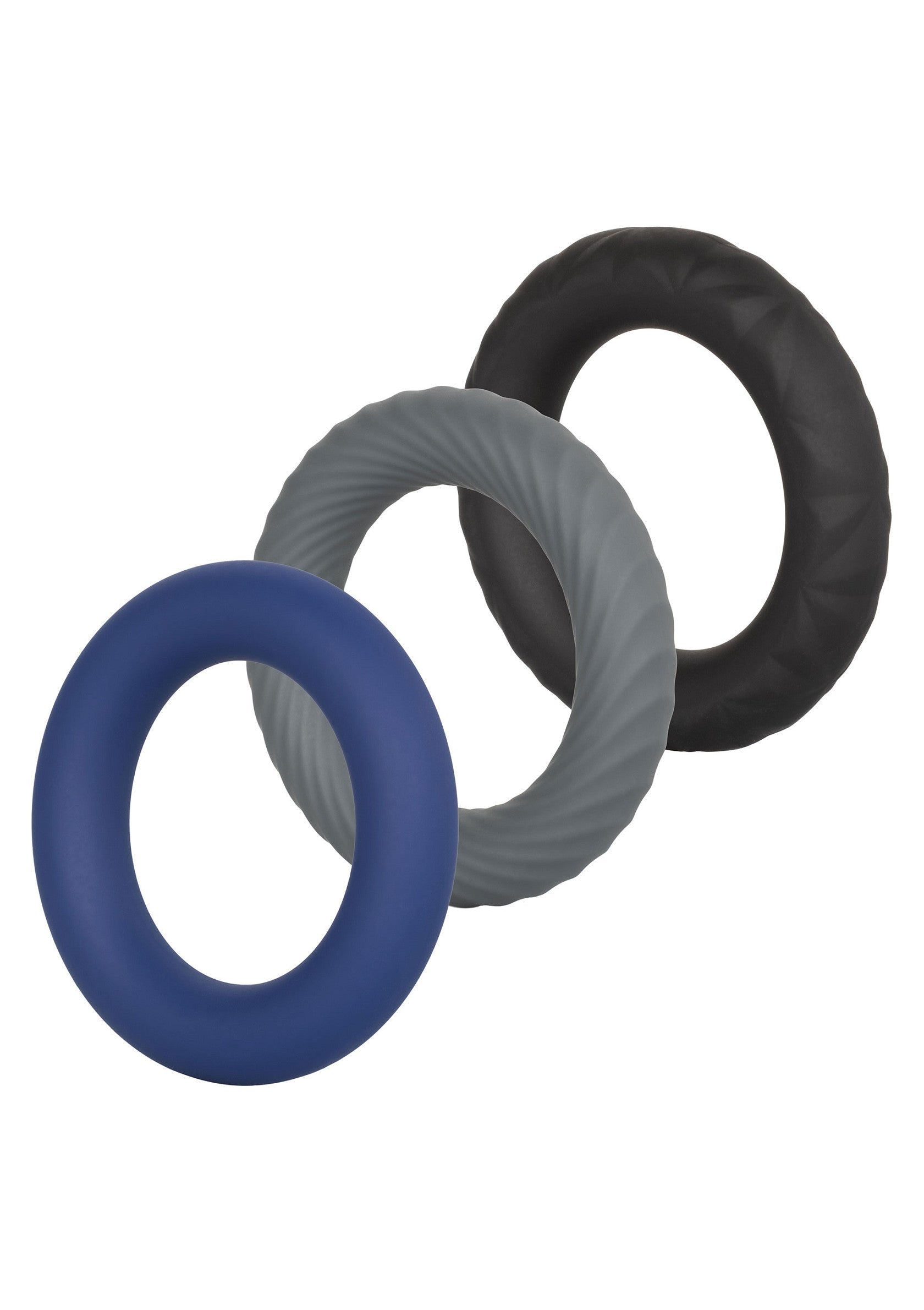 Anneaux péniens en silicone de différentes couleurs : noir, gris et bleu.; Penisringen van siliconen in verschillende kleuren: zwart, grijs en blauw.; Silicone cock rings in different colors: black, gray and blue.
