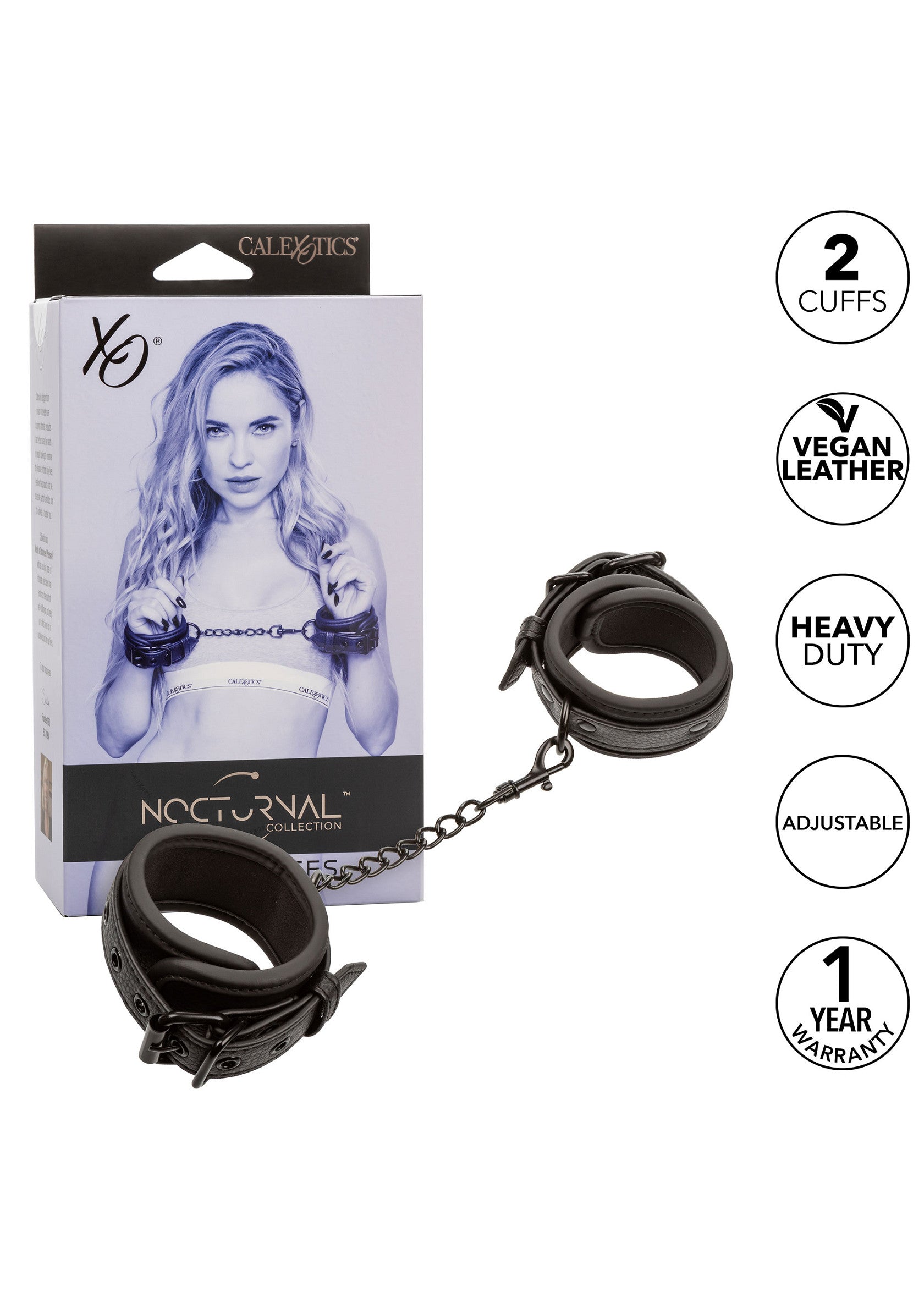 Menottes réglables en cuir vegan noir, collection Nocturnal. Robuste et garantie 1 an. Accessoires coquins de haute qualité.; Verstelbare handboeien van zwart veganistisch leer, Nocturnal-collectie. Robuust en 1 jaar garantie. Kinky accessoires van hoge kwaliteit.; Adjustable black vegan leather cuffs, Nocturnal collection. Heavy duty and 1 year warranty. High quality kinky accessories.