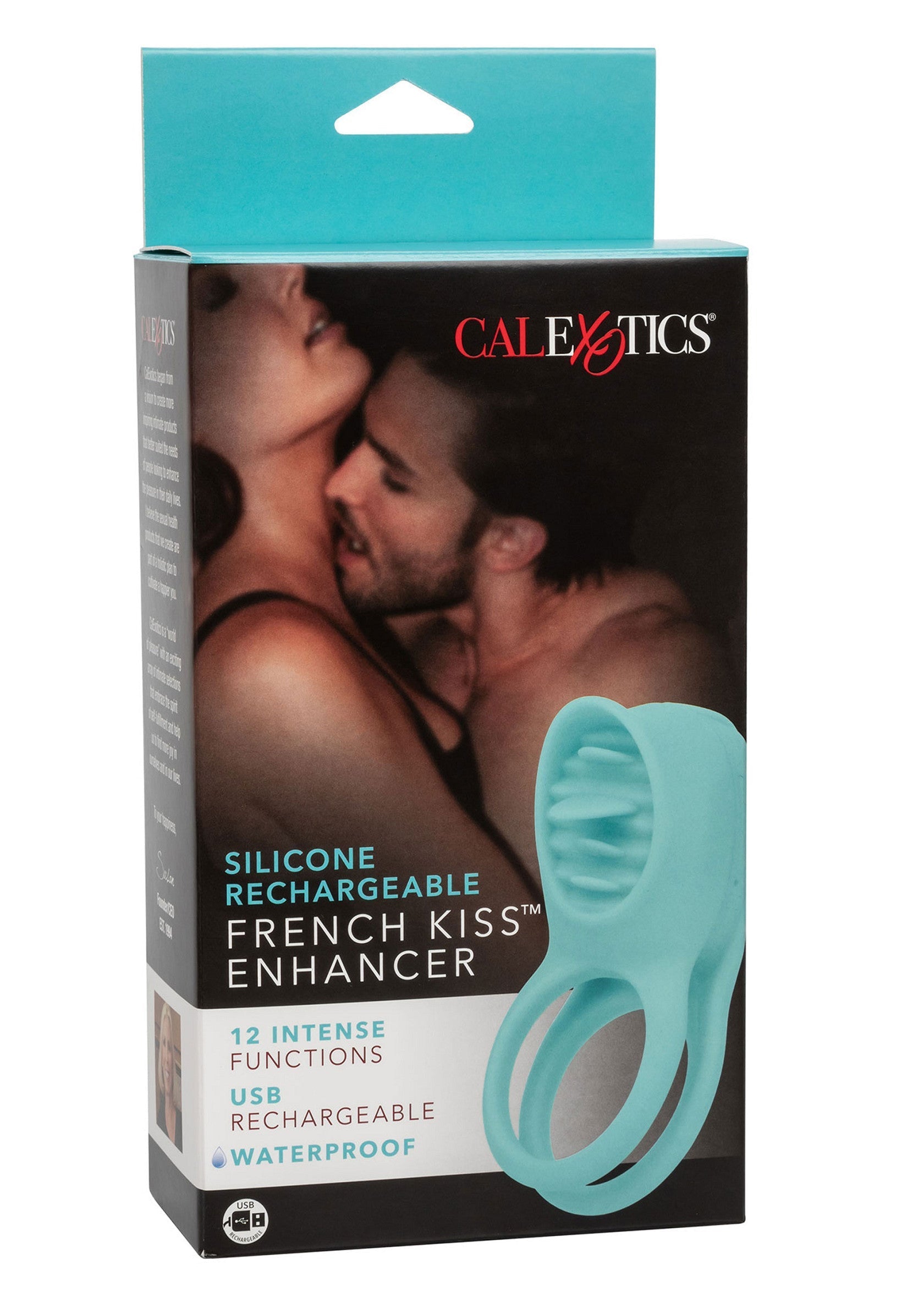 CalExotics French Kiss Enhancer : anneau pénien vibrant en silicone rechargeable pour des sensations intenses. Étanche et polyvalent.; CalExotics French Kiss Enhancer: oplaadbare siliconen vibrerende penisring voor intense sensaties. Waterdicht en veelzijdig.; CalExotics French Kiss Enhancer: Rechargeable silicone vibrating cock ring for intense sensations. Waterproof and versatile.
