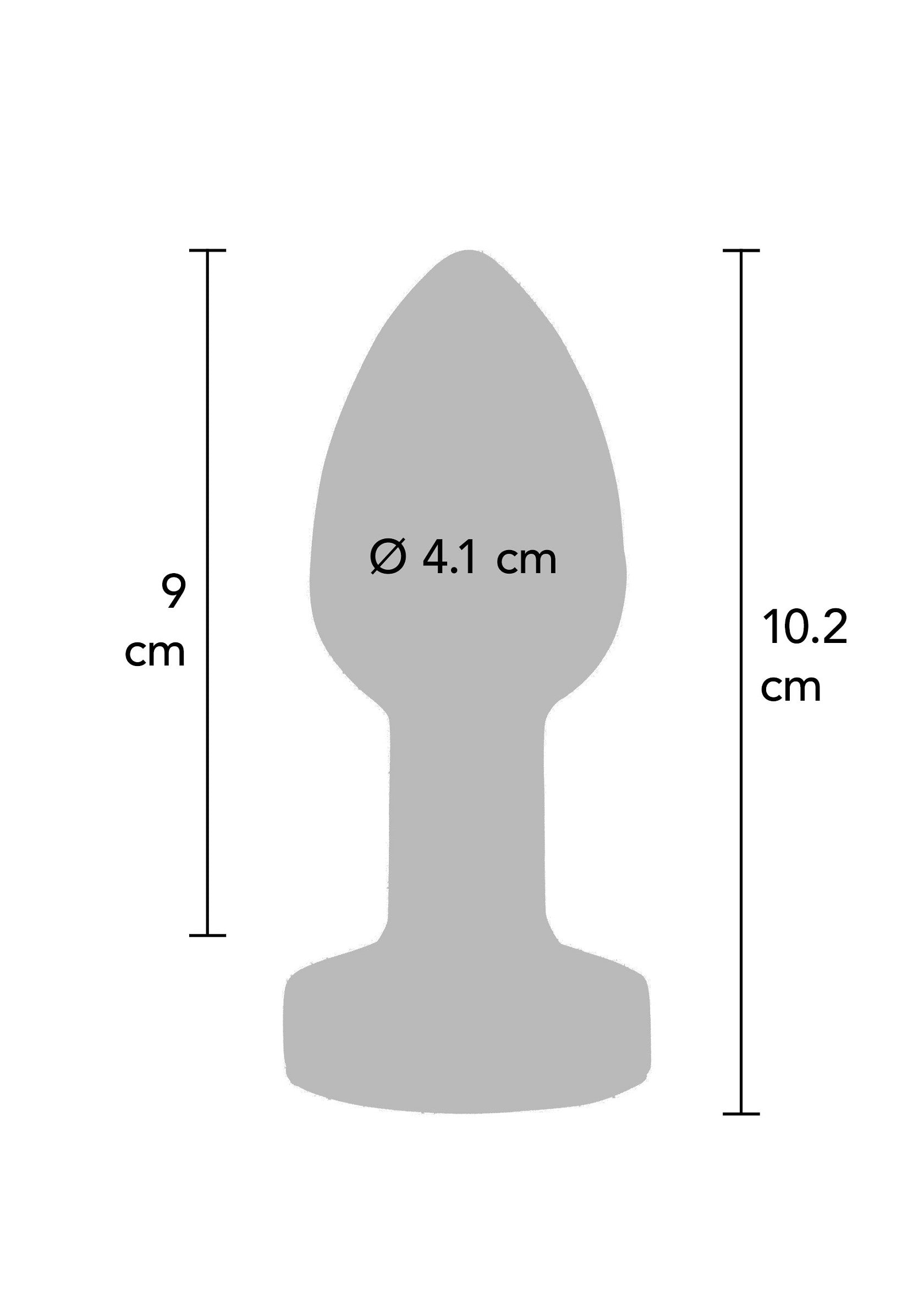 Plug anal gris avec mesures (9 cm et 10.2 cm de longueur, diamètre 4.1 cm).; Grijze anale plug met afmetingen (9 cm en 10.2 cm lengte, diameter 4.1 cm).; Grey anal plug with measurements (9 cm and 10.2 cm long, 4.1 cm diameter).