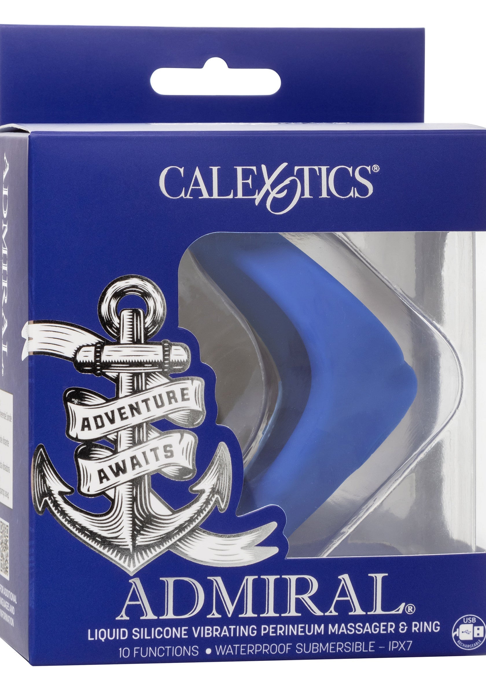 Calexotics Admiral: masseur périnéal vibrant en silicone liquide étanche, avec 10 fonctions. Explorez l'aventure qui vous attend!; Calexotics Admiral: waterdichte, vibrerende perineum massager van vloeibare siliconen met 10 functies. Avontuur wacht!; Calexotics Admiral: Waterproof liquid silicone vibrating perineum massager & ring with 10 functions. Adventure awaits!