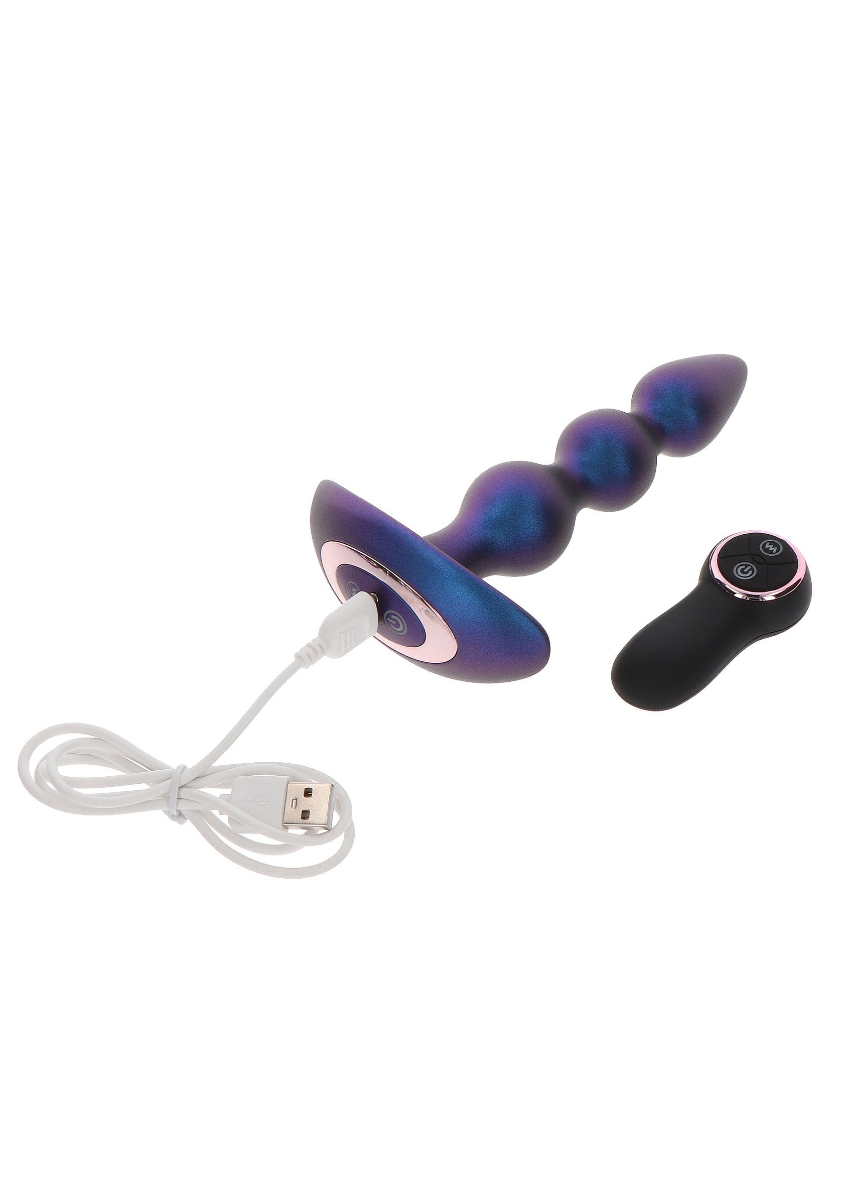 Plug anal à billes vibrant avec télécommande et câble de chargement USB pour des sensations intenses.; Vibrerende anale buttplug met kralen, afstandsbediening en USB-oplaadkabel voor intense sensaties.; Vibrating beaded anal plug with remote and USB charging cable for intense sensations.