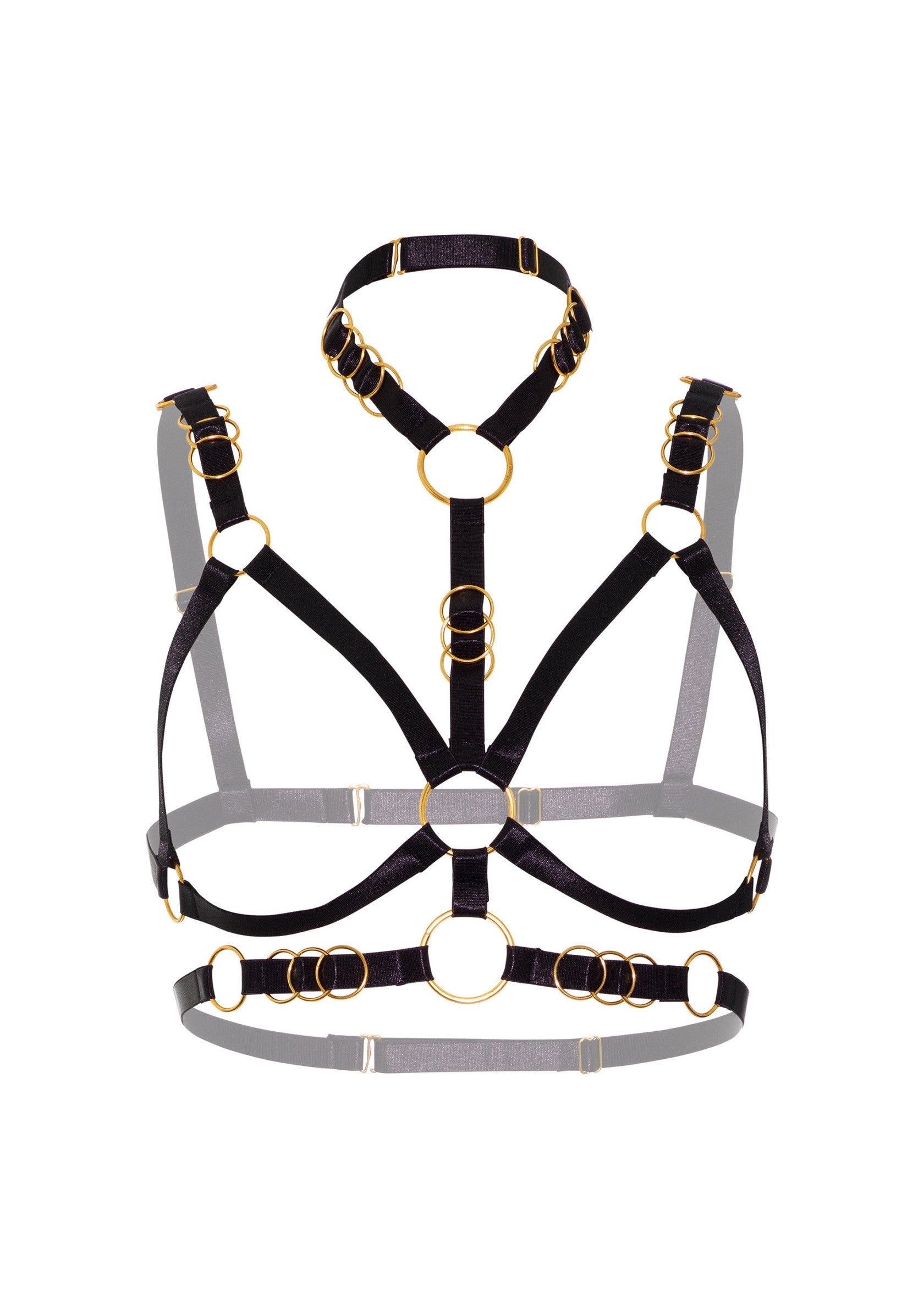 Harnais noir et or, lingerie audacieuse et élégante.; Zwart en gouden harnas, gedurfde en elegante lingerie.; Black and gold harness, bold and elegant lingerie.