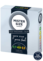 Préservatifs Mister Size, pack test slim, tailles 47, 49 et 53. Trouvez votre taille idéale pour un confort maximal.; Mister Size condooms, slim testpakket, maten 47, 49 en 53. Vind jouw ideale maat voor optimaal comfort.; Mister Size condoms, slim test package, sizes 47, 49 & 53. Find your perfect fit for maximum comfort & pleasure.