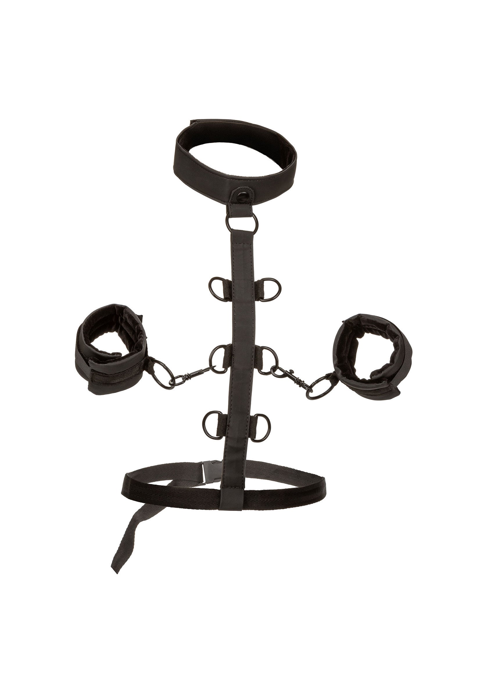 Harnais de soumission noir réglable avec menottes et collier pour jeux de rôle adultes.; Verstelbaar zwart bondage harnas met handboeien en halsband voor volwassen rollenspellen.; Adjustable black bondage harness with handcuffs and collar for adult role play.