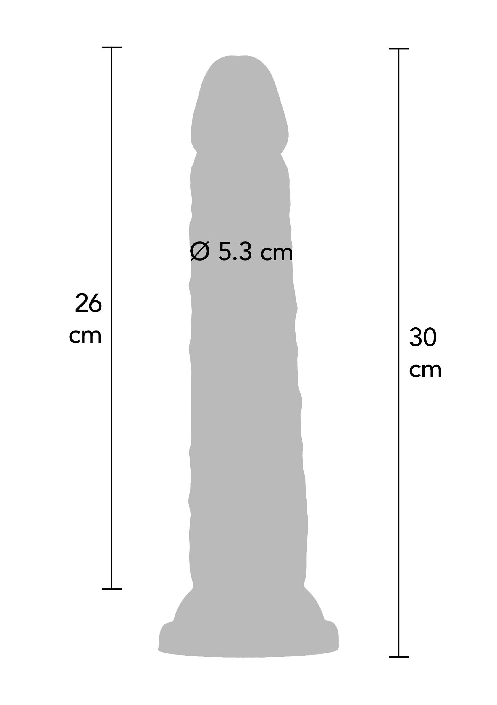 Grand godemichet texturé de 30 cm. Diamètre 5,3 cm. Pour un plaisir intense et profond.; Grote, getextureerde dildo van 30 cm. Diameter 5,3 cm. Voor intens, diep genot.; Large textured dildo, 30 cm long. Diameter 5.3 cm. For intense, deep pleasure.