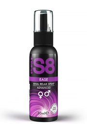 Spray anal relaxant Stimul8 S8 Ease Advanced 30ml pour plus de confort et de plaisir. Détente assurée!; Stimul8 S8 Ease Advanced 30ml anale ontspanningsspray voor meer comfort en plezier. Gegarandeerde ontspanning!; Stimul8 S8 Ease Advanced 30ml anal relax spray for more comfort and pleasure. Guaranteed relaxation!