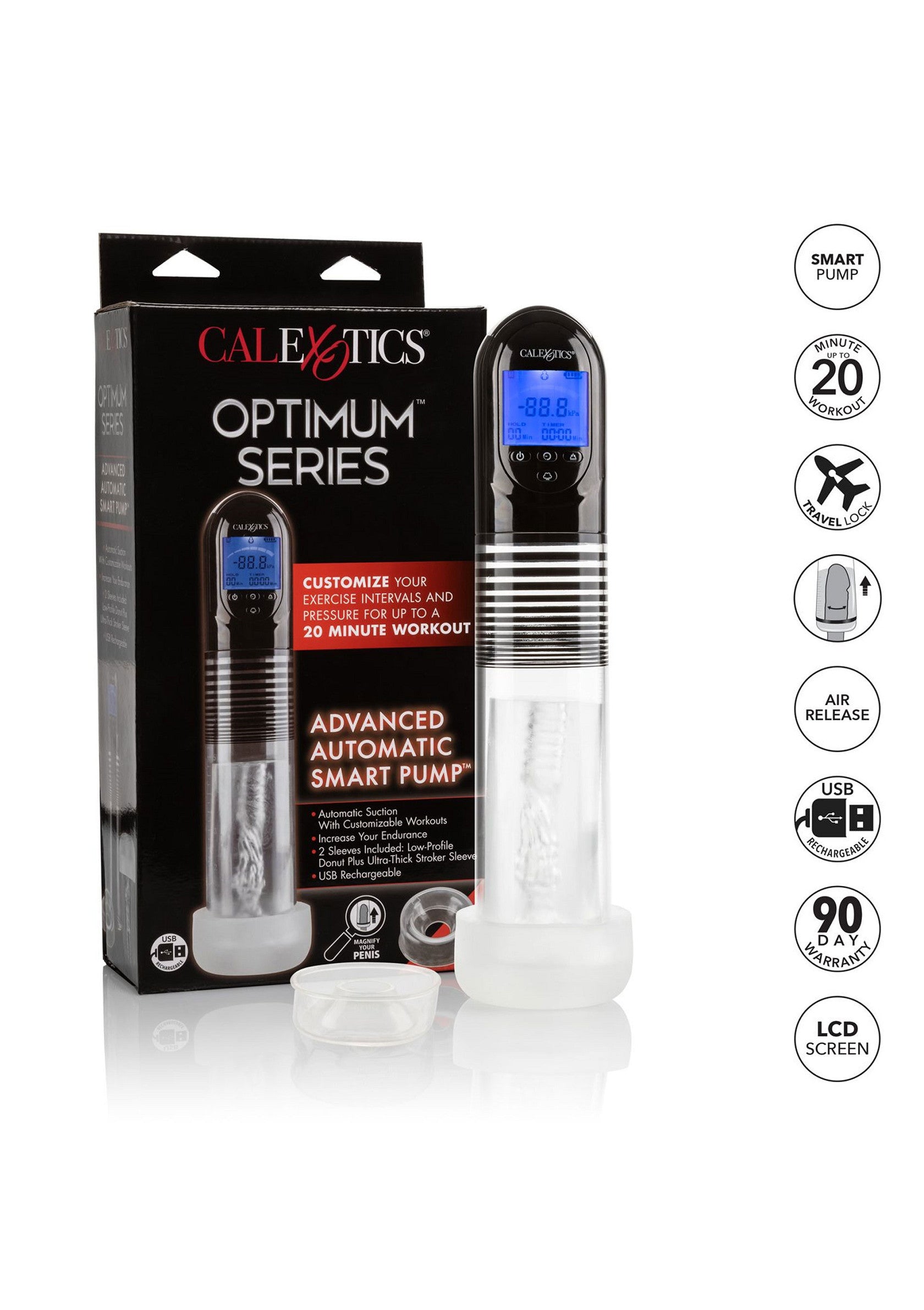 CalExotics Optimum Series : pompe automatique pour homme, avec écran LCD et garantie 90 jours.; CalExotics Optimum Series: automatische pomp voor mannen, met LCD-scherm en 90 dagen garantie.; CalExotics Optimum Series: automatic male pump, with LCD screen and 90-day warranty. Smart pump.