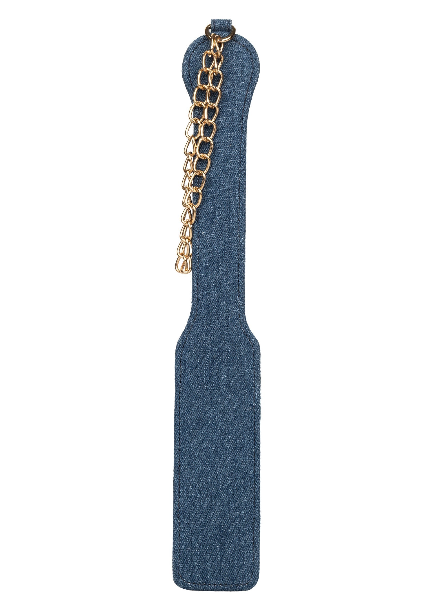 Pagaie en jean bleu avec chaîne dorée pour une touche coquine et élégante.; Blauwe jeans paddle met gouden ketting voor een ondeugende en elegante touch.; Blue denim paddle with gold chain for a naughty and elegant touch.