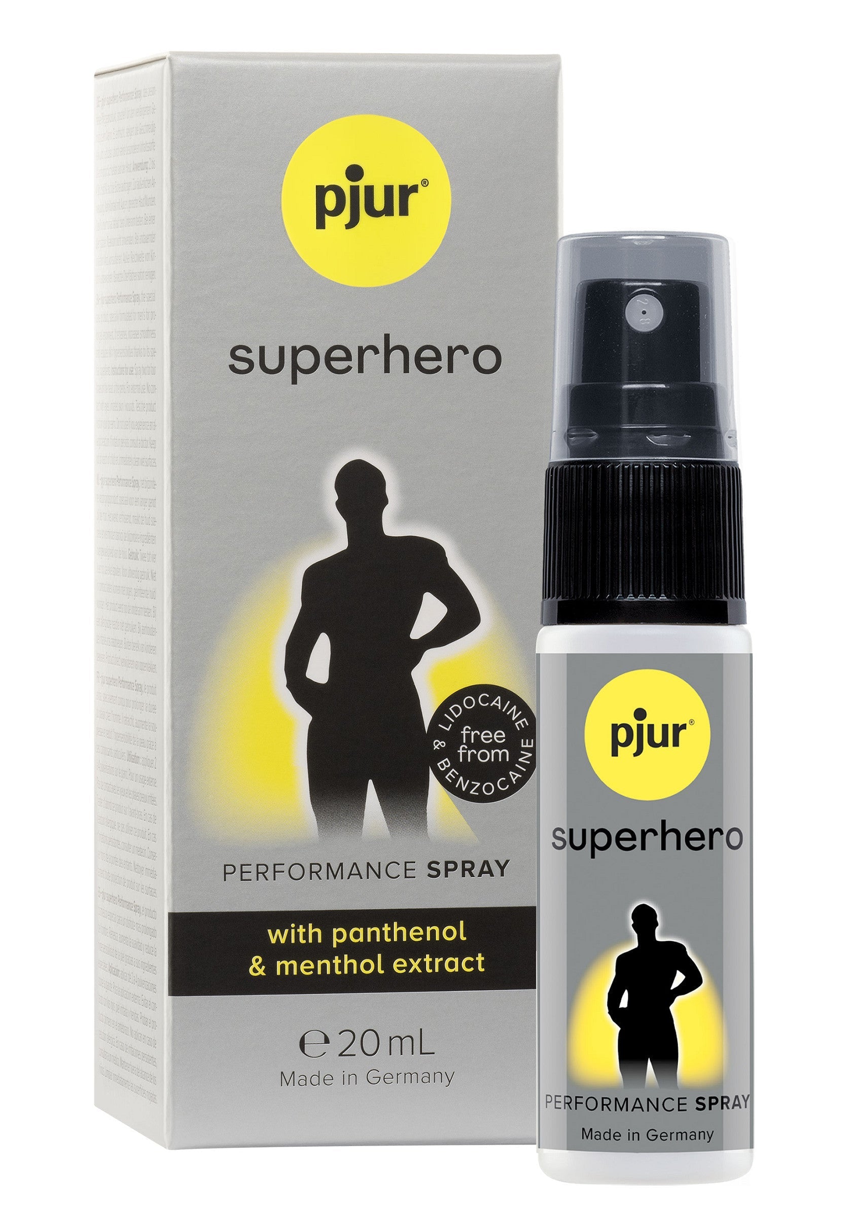 Spray Pjur Superhero Performance pour hommes. Améliorez vos performances avec ce spray à base de panthénol et de menthol.; Pjur Superhero Performance spray voor mannen. Verbeter uw prestaties met deze spray op basis van panthenol en menthol.; Pjur Superhero Performance spray for men. Enhance your performance with this panthenol and menthol extract based spray.