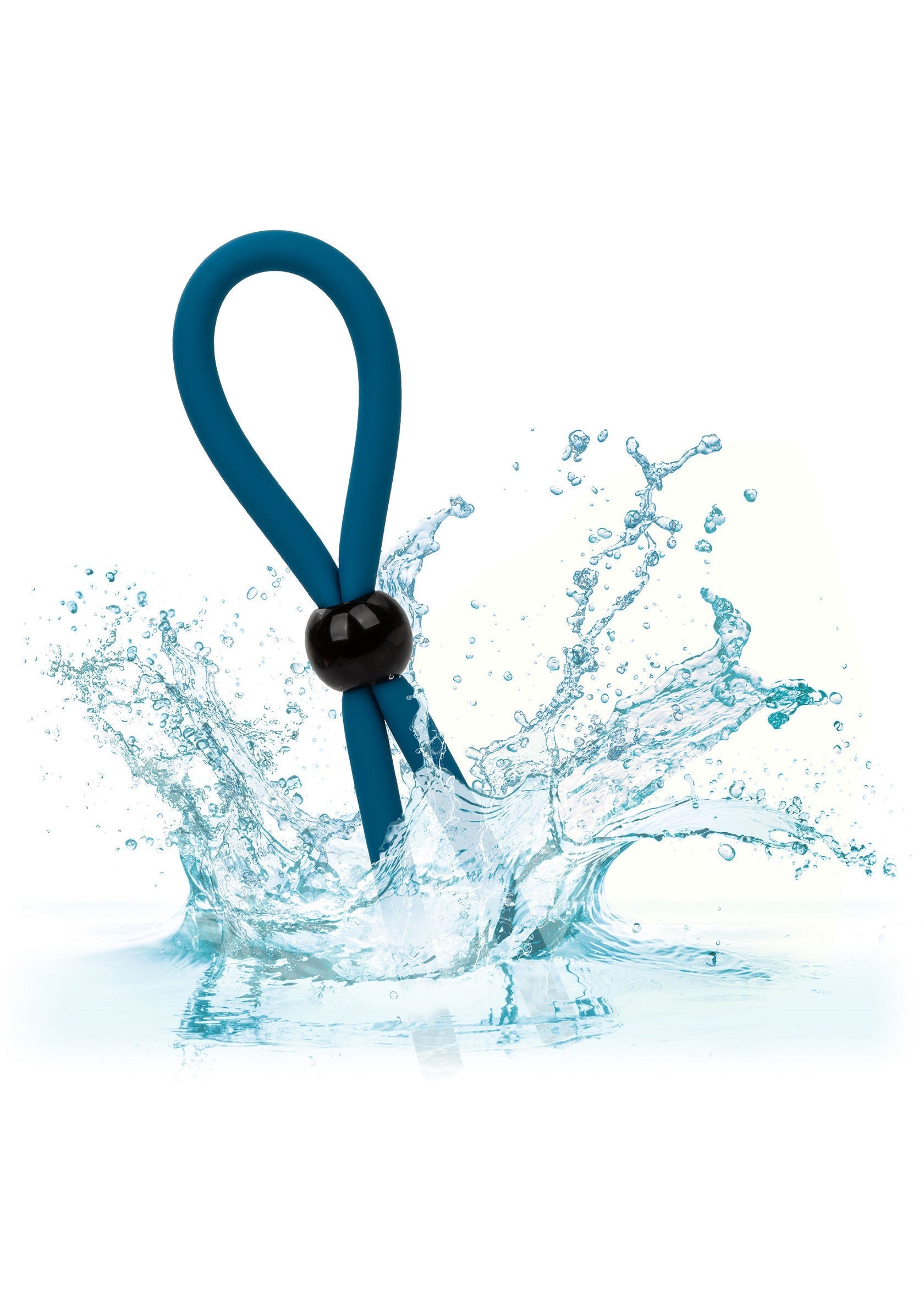 Anneau pénien bleu avec une perle noire dans l'eau, pour une expérience plus intense et durable.; Blauwe penisring met zwarte kraal in het water, voor een intensere en langdurige ervaring.; Blue cock ring with black bead in water, for a more intense and longer lasting experience.