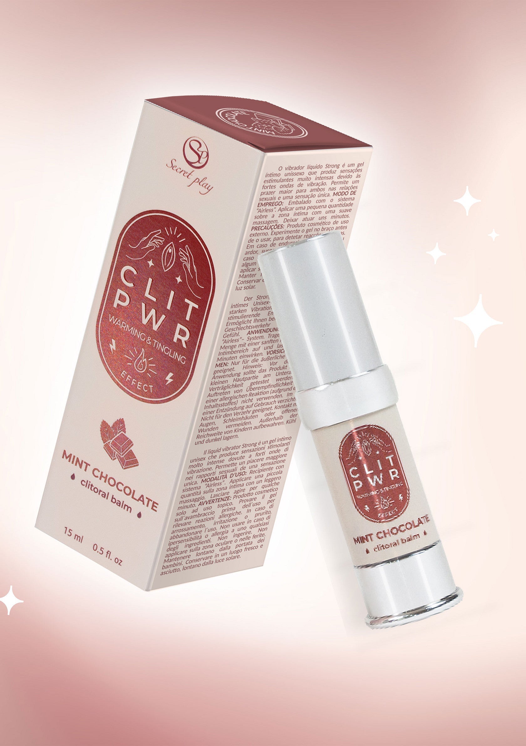 Baume clitoral Secret Play, saveur chocolat menthe. Effet chauffant et picotant pour le plaisir.; Secret Play clitorisbalsem, muntsmaak chocolade. Warmte- en tintelend effect voor genot.; Secret Play clitoral balm, mint chocolate flavor. Warming & tingling effect for pleasure.