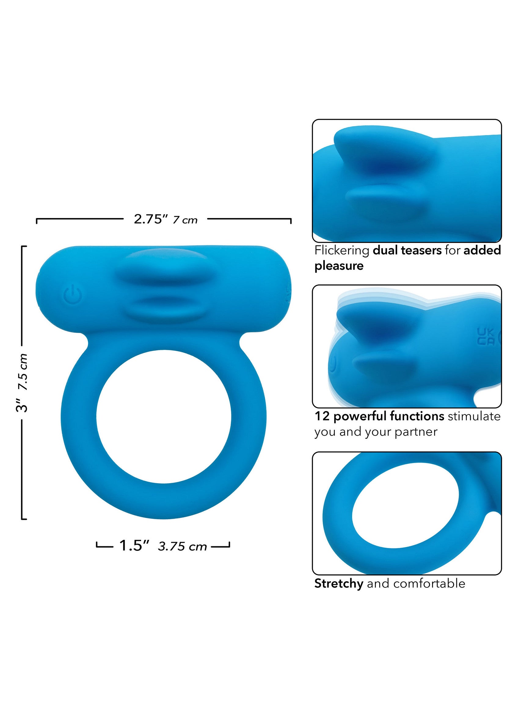 Anneau pénien vibrant bleu avec 12 fonctions, conçu pour le plaisir partagé.; Blauwe vibrerende penisring met 12 functies, ontworpen voor gedeeld plezier.; Blue vibrating cock ring with 12 functions, designed for shared pleasure.