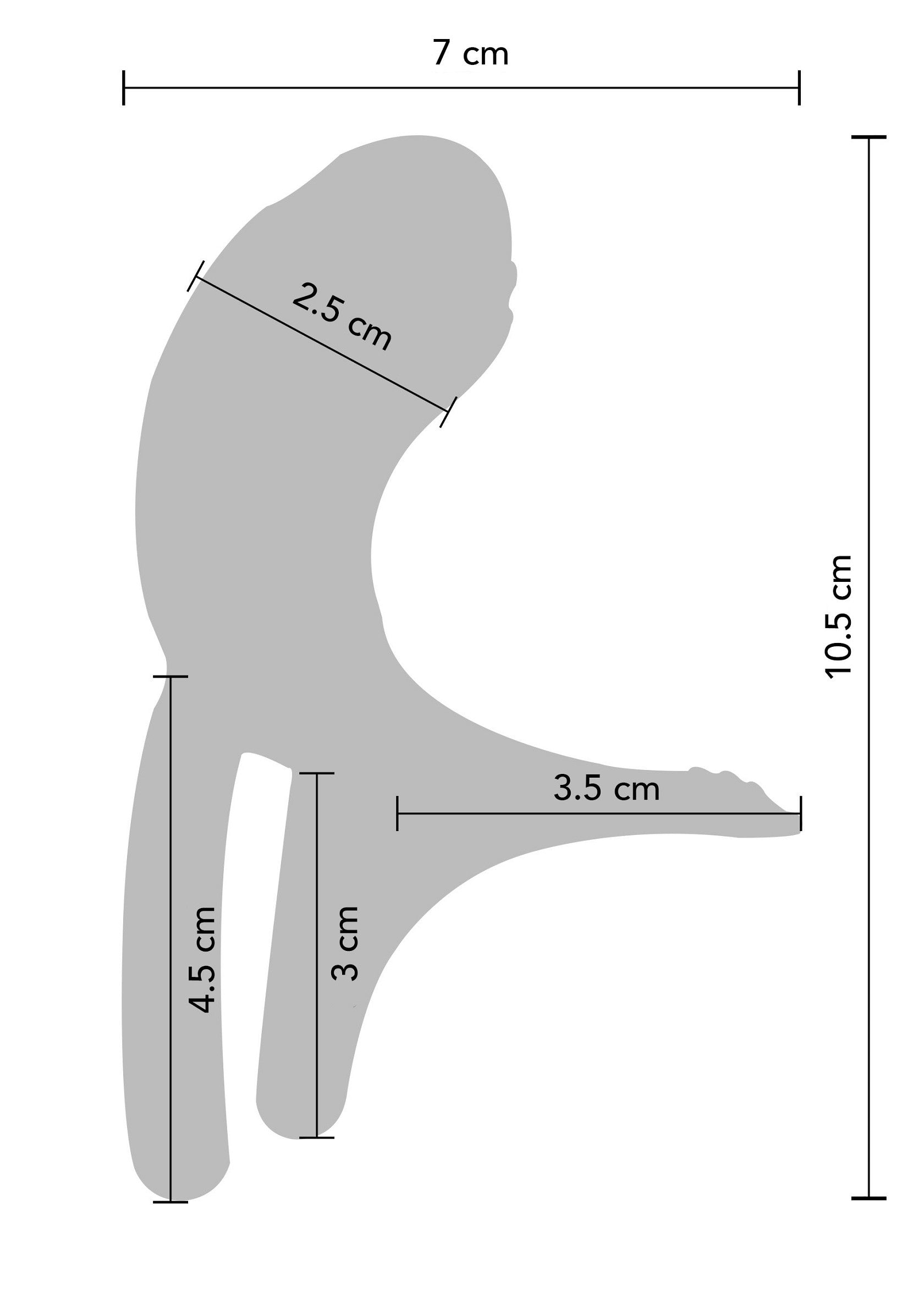 Diagramme dimensionnel d'un accessoire de beauté (outil applicateur) : 10.5x7 cm avec des mesures détaillées.; Maatschets van een schoonheidsaccessoire (applicator): 10.5x7 cm met gedetailleerde metingen.; Dimensional diagram of a beauty accessory (applicator tool): 10.5x7 cm with detailed measurements.