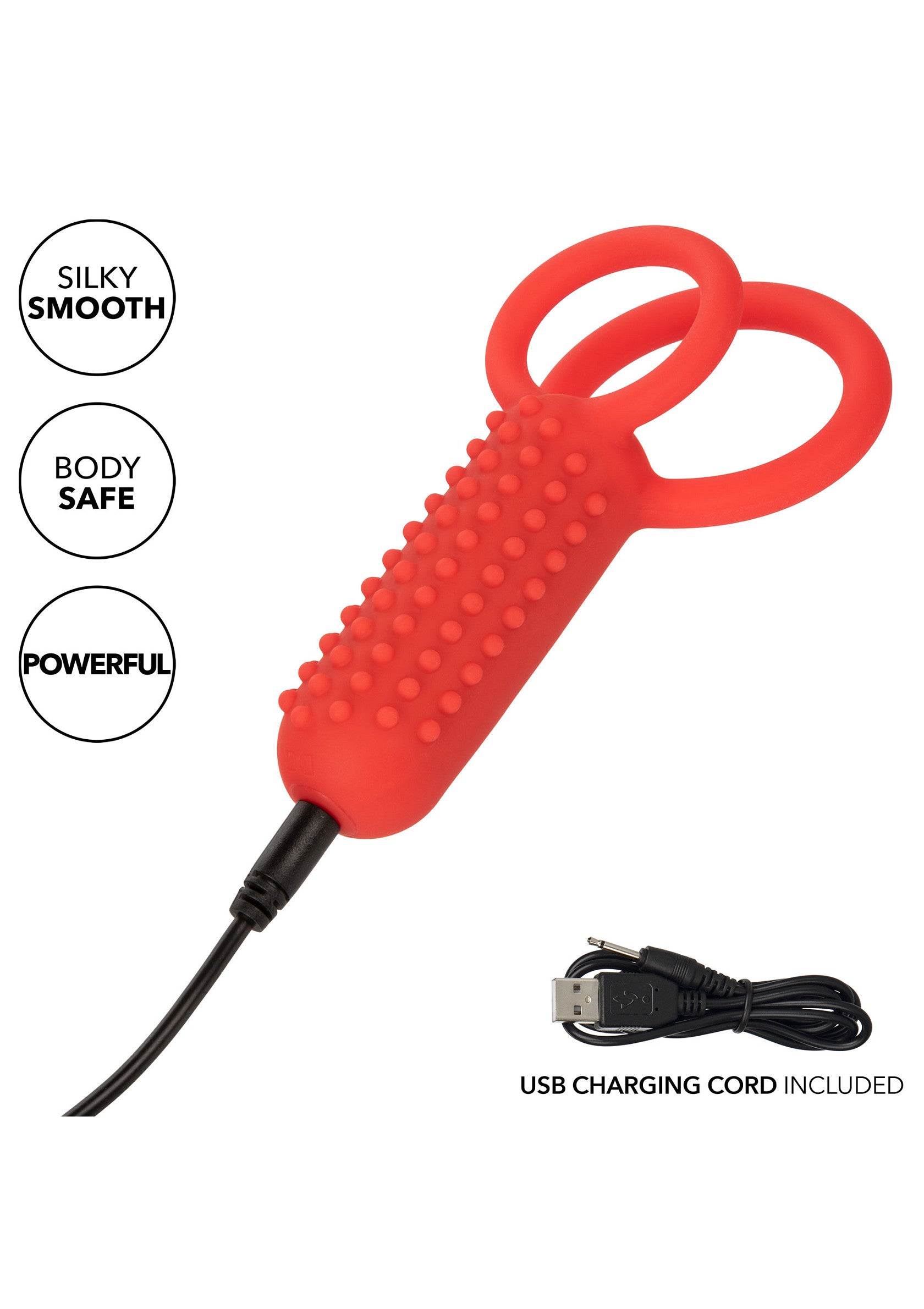 Vibrateur rouge rechargeable USB avec anneaux pour couple et picots de stimulation.; Rode USB oplaadbare vibrator met ringen voor koppels en stimulerende noppen.; Red USB rechargeable vibrator with rings for couples and stimulating nubs.