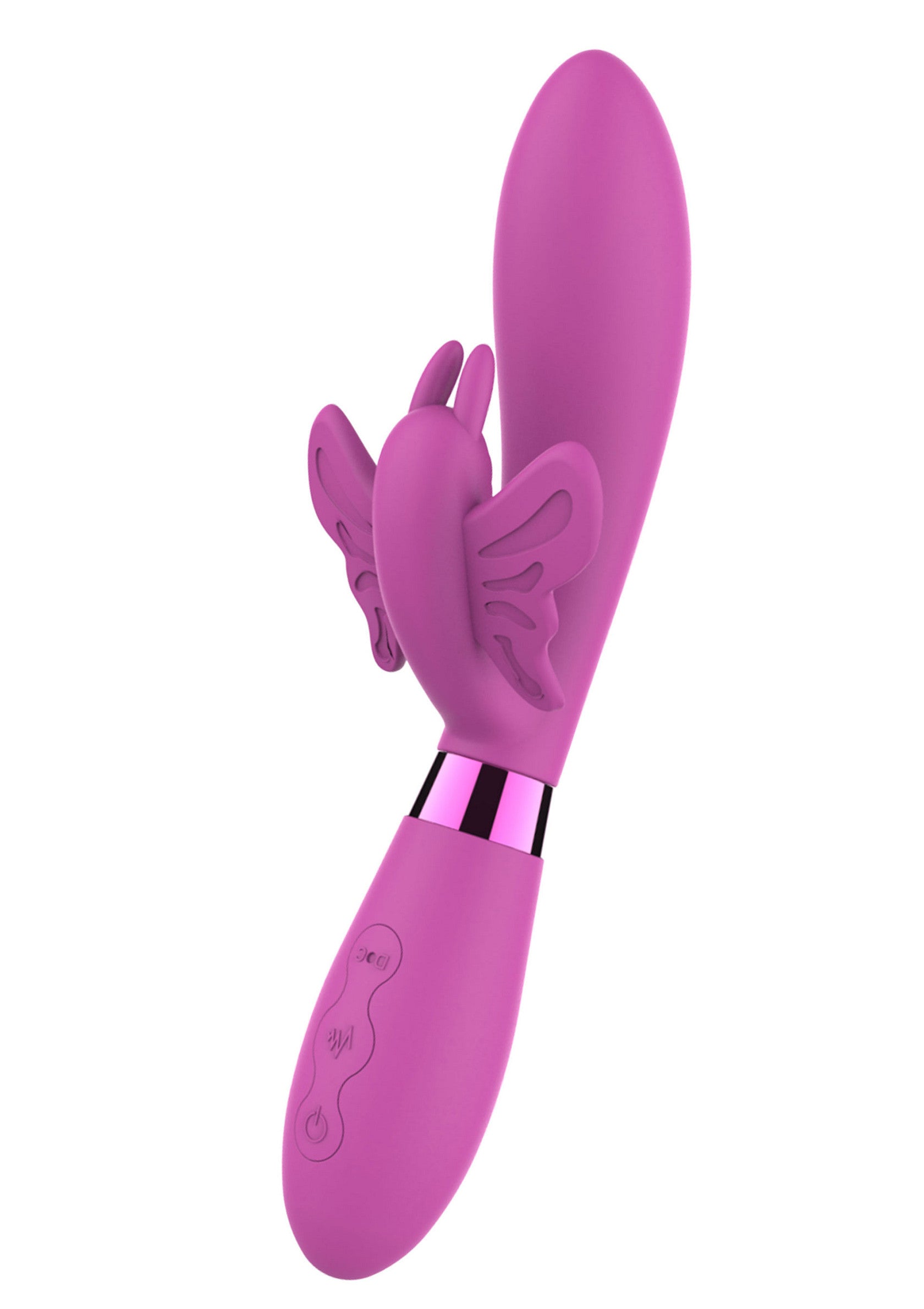 Vibromasseur rose avec papillon vibrant pour le plaisir féminin.; Roze vibrator met vibrerende vlinder voor vrouwelijk genot.; Pink vibrator with vibrating butterfly for female pleasure.